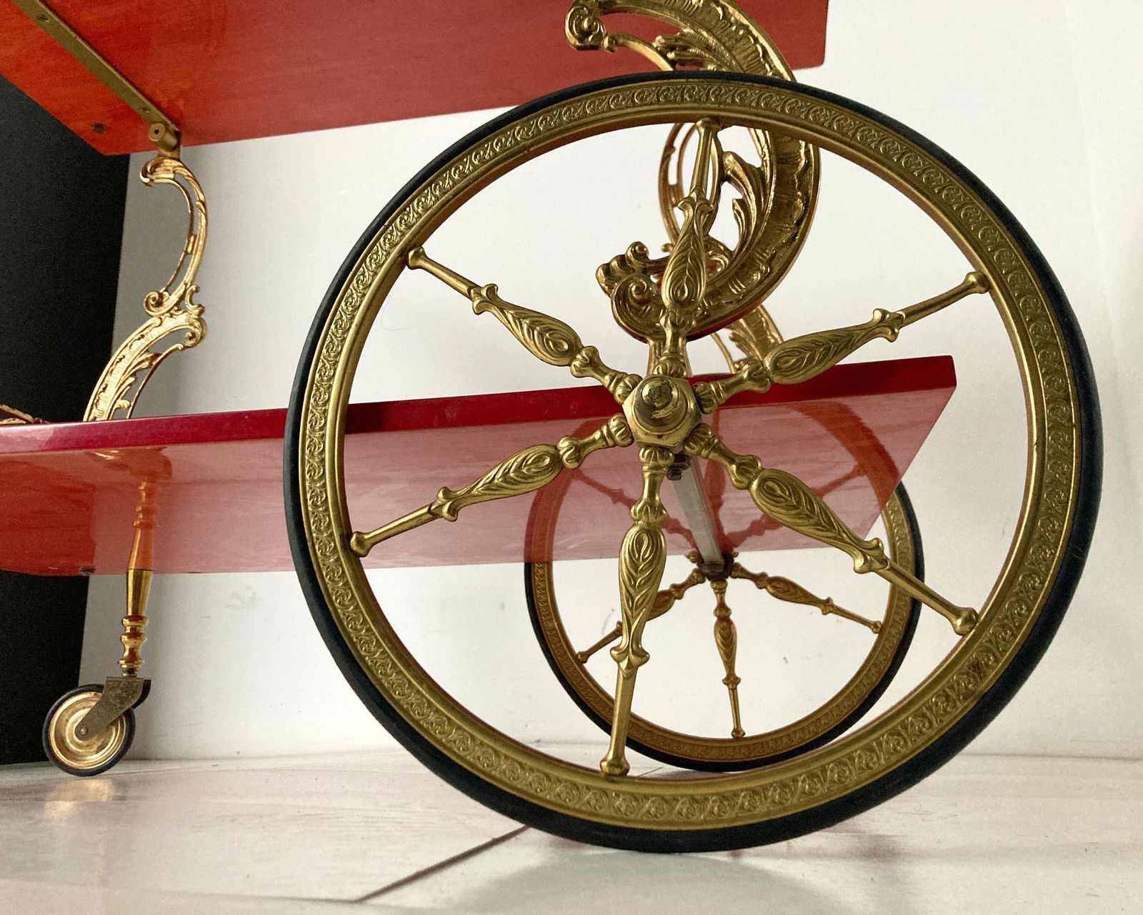 Brass Bar Cart | Red Lacquered Wood | Rococo Style 1950s photo vintage