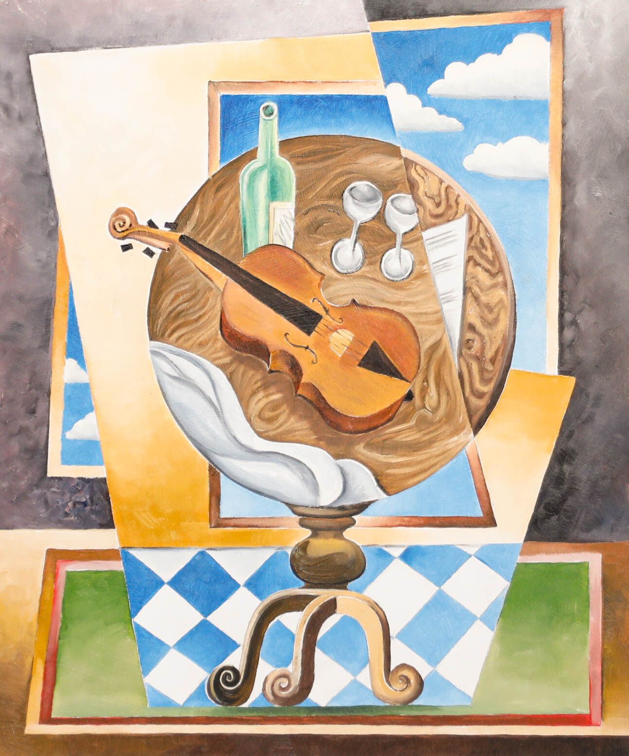 Cubist School Contemporary Oil Still Life With Violin photo furniture