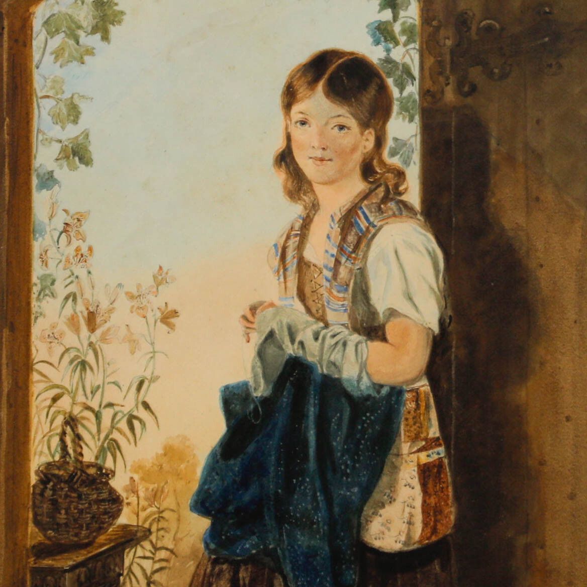 English School 19th Century Watercolour Girl In The Doorway photo Art