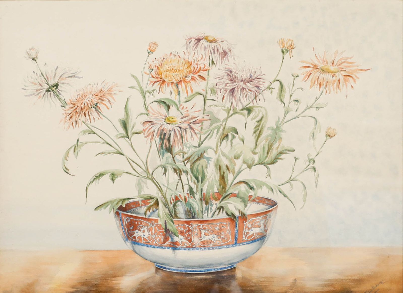 Winifred Barkaway (1915 2010) 1946 Watercolour, Chrysanthemums And Porcelain photo furniture