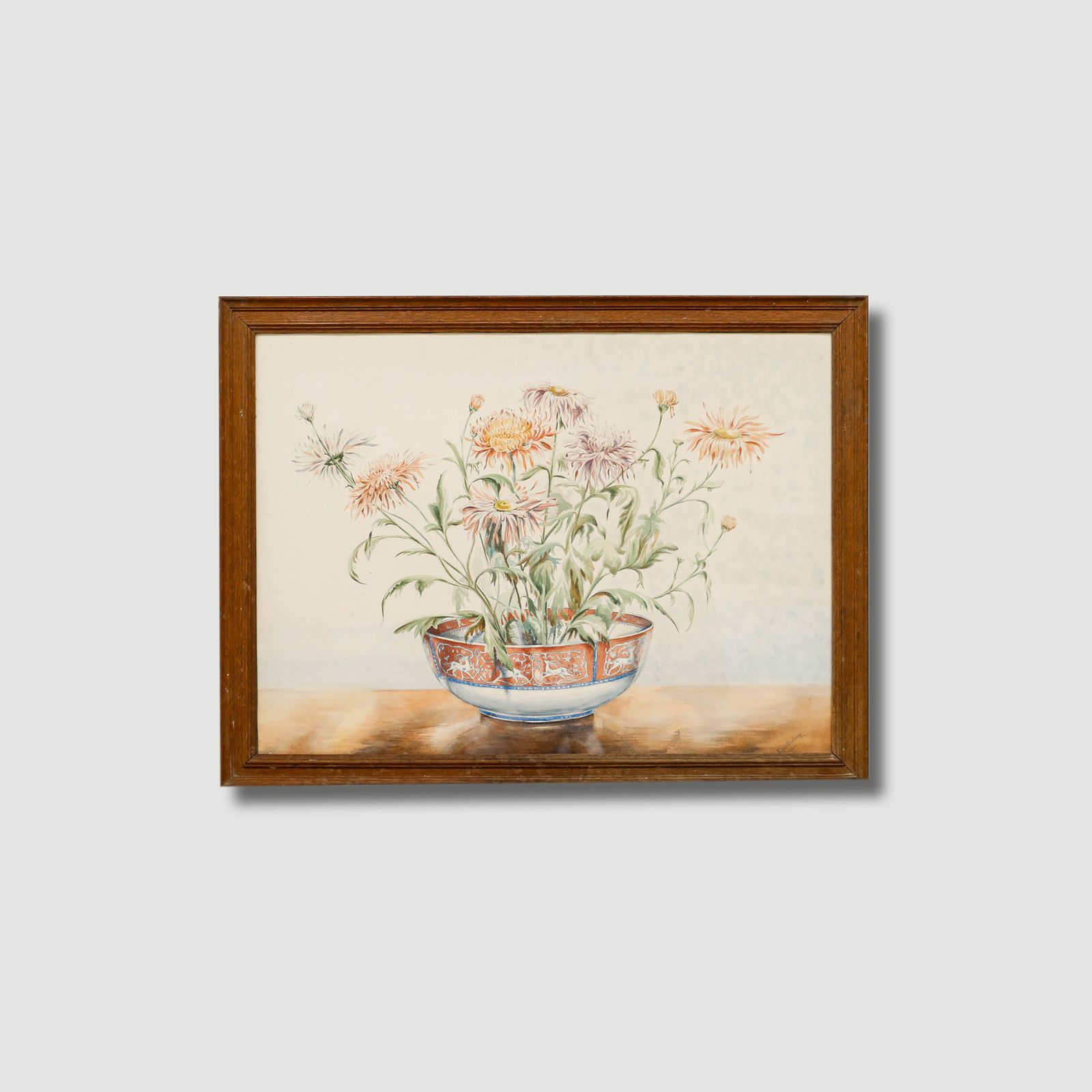 Winifred Barkaway (1915 2010) 1946 Watercolour, Chrysanthemums And Porcelain photo vintage