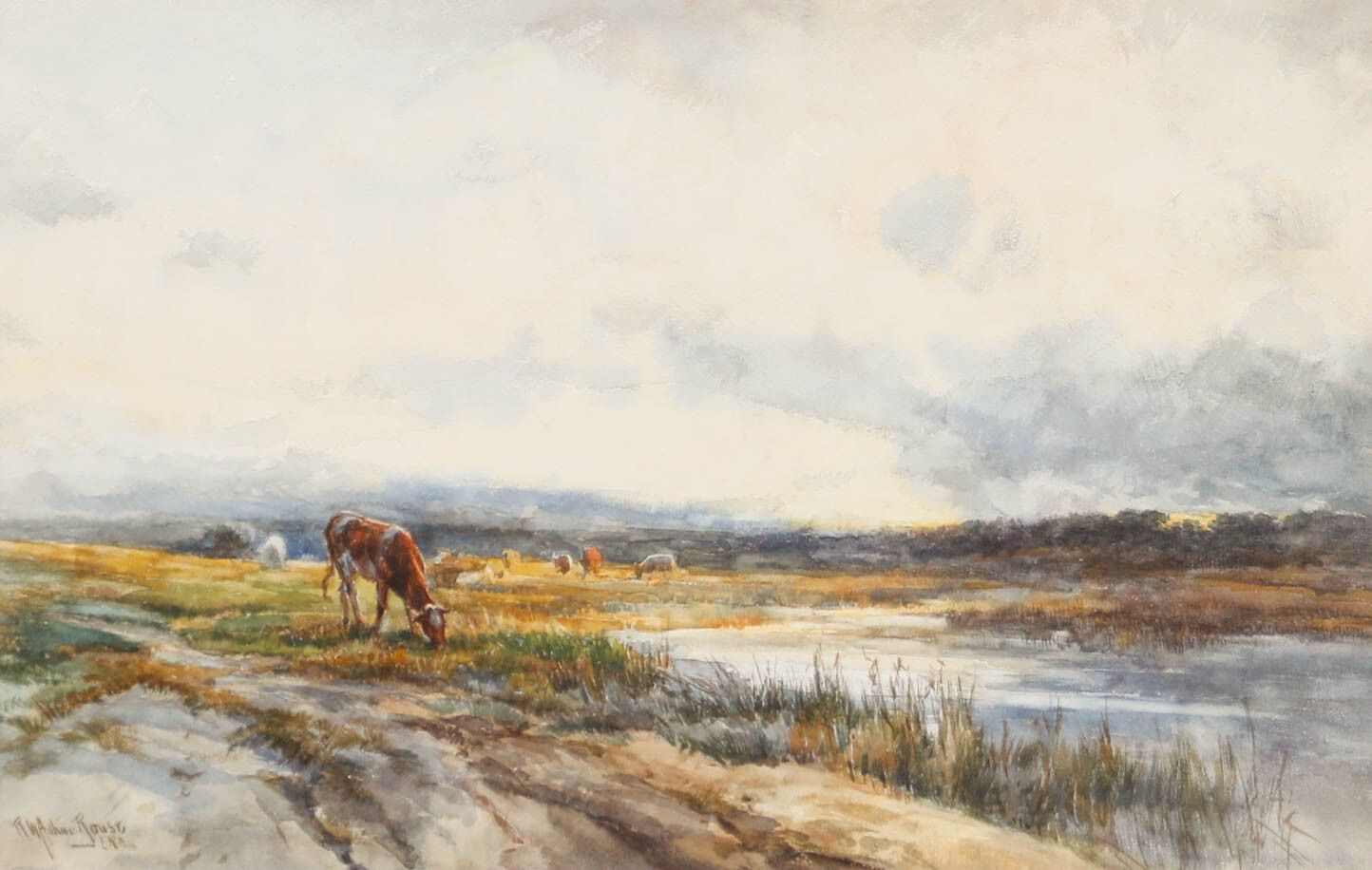 Robert William Arthur Rouse (1883 1927) Watercolour, Cattle By The River photo furniture