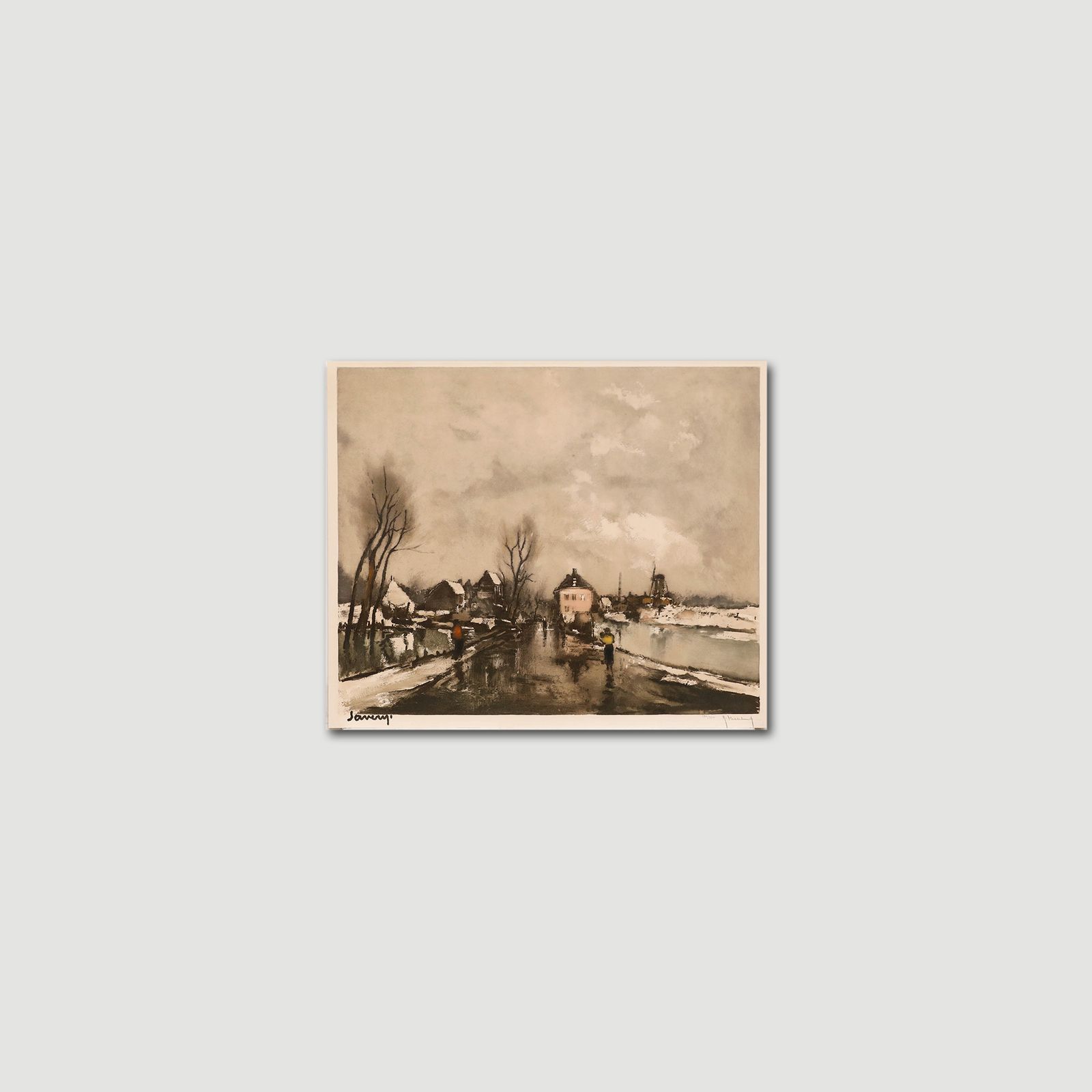 Roger Hebbelinck (1912 1987) 20th Century Aquatint, Winter Town Scene photo vinterior