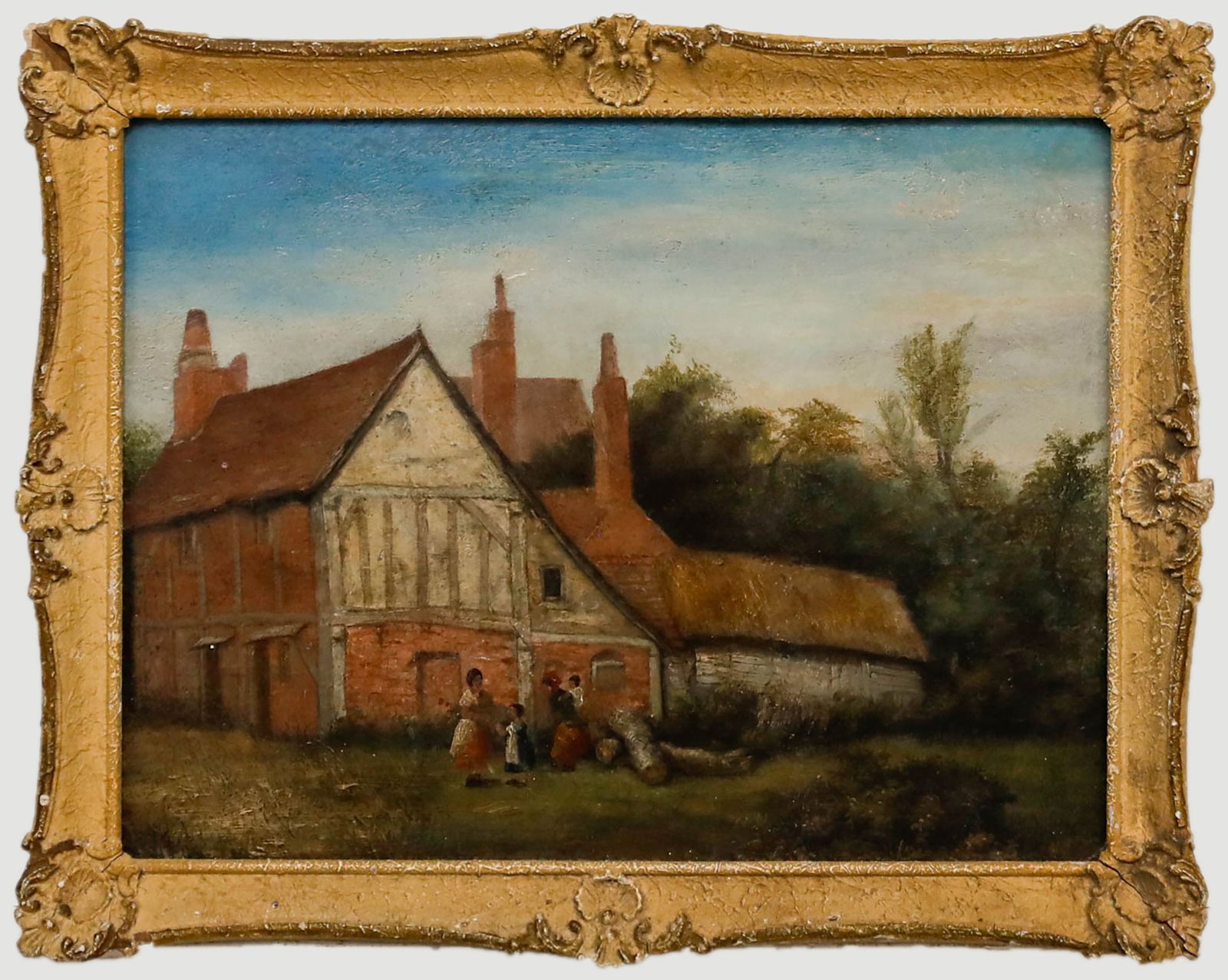 Circle Of John Anthony Puller (1799 1886) Oil, Figures By A Suffolk Farmhouse