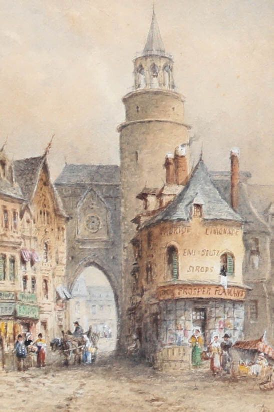 J.B Framed 19th Century Watercolour, A Busy Street In Belgium photo furniture