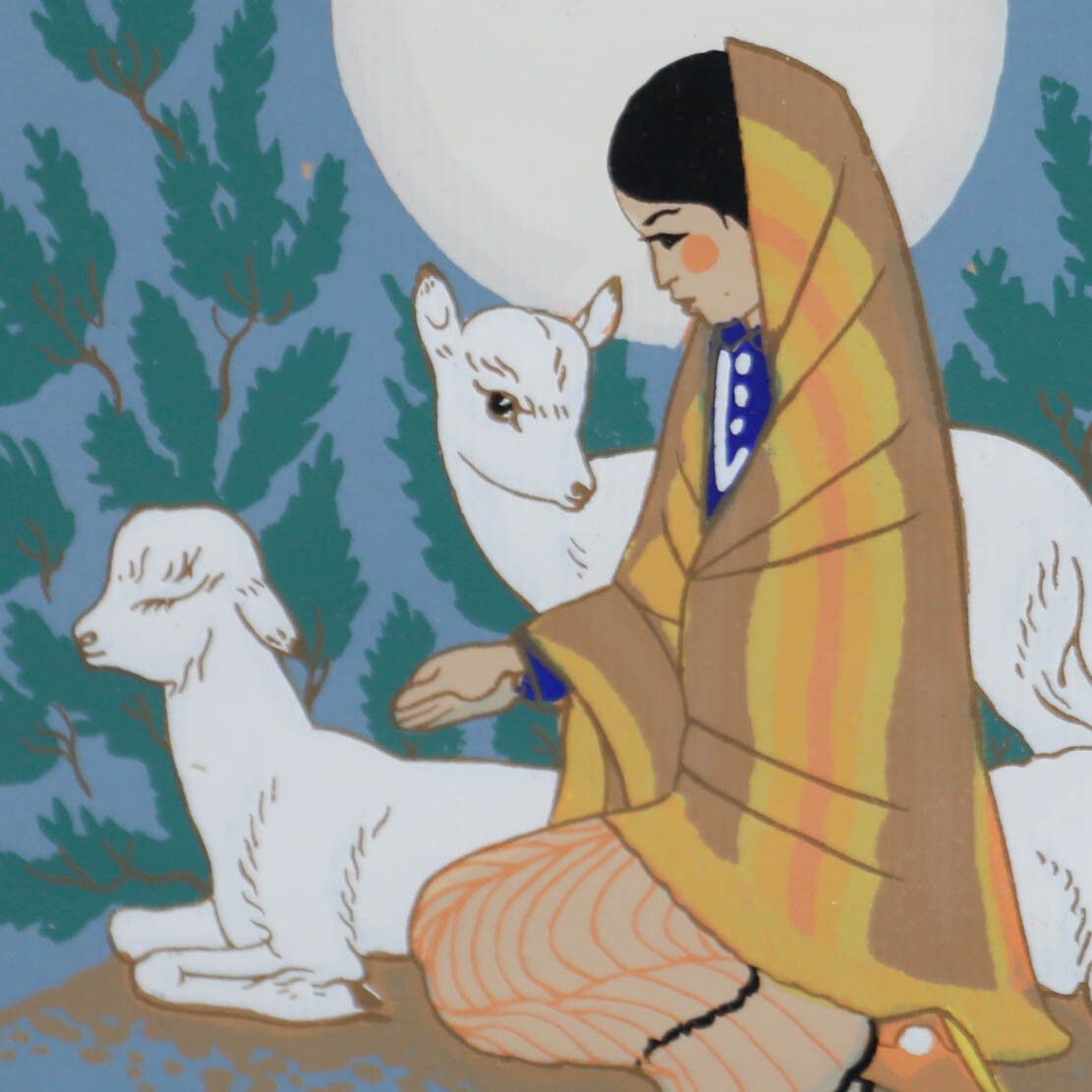Harrison Begay (1917 2012) Navajo 20th Century Silkscreen, Girl With Kids photo Art