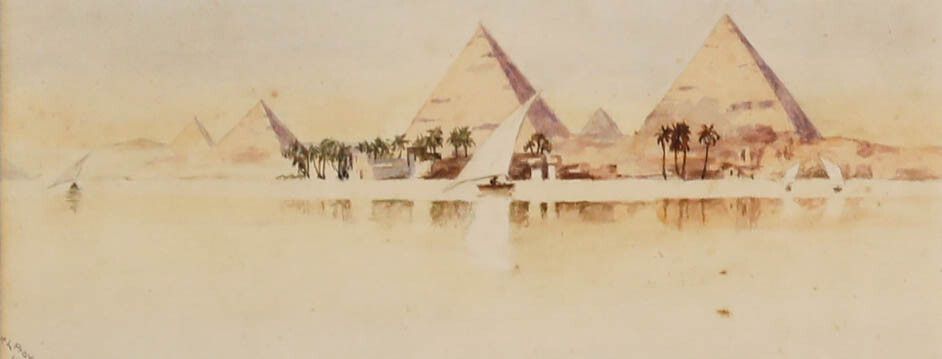 H.L. Pignon Framed 1915 Watercolour, Pyramids On The Nile photo furniture