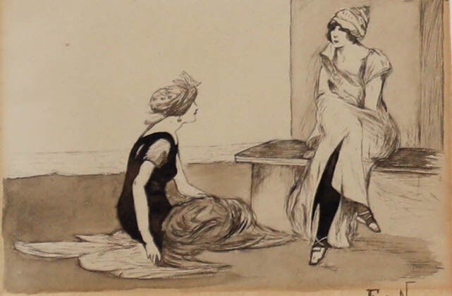 Frank N.  Early 20th Century India Ink, The Bathing Belles photo furniture