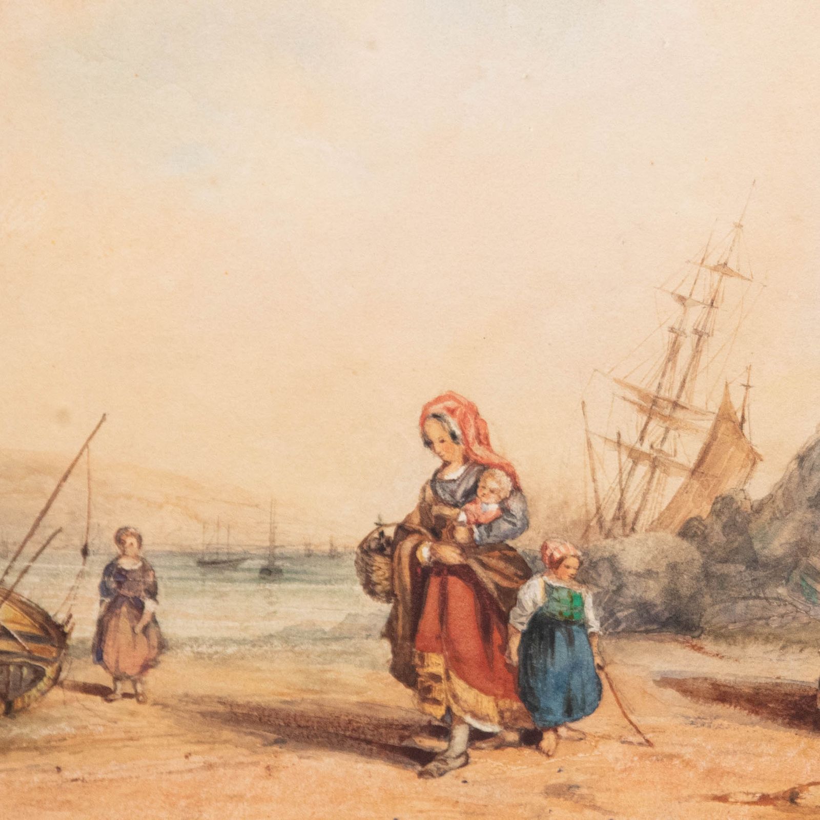 English School 19th Century Watercolour Fisherwoman & Children photo Art