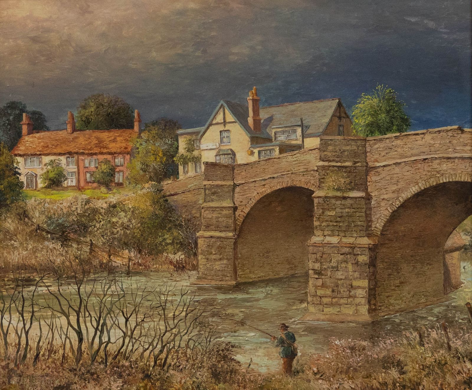 Fred Barney Framed 20th Century Oil, Fisherman Beside A Stone Bridge photo furniture