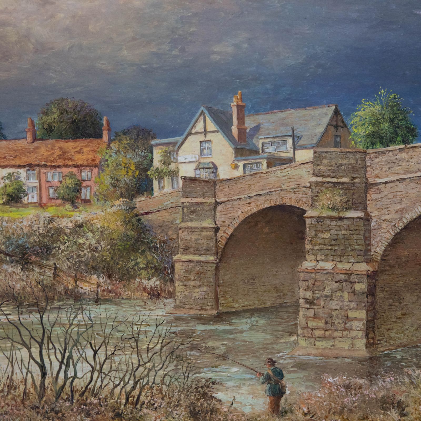 Fred Barney Framed 20th Century Oil, Fisherman Beside A Stone Bridge photo Art