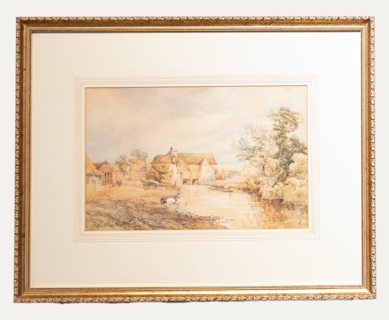 W. S. S.  19th Century Watercolour, Farm By The Stream