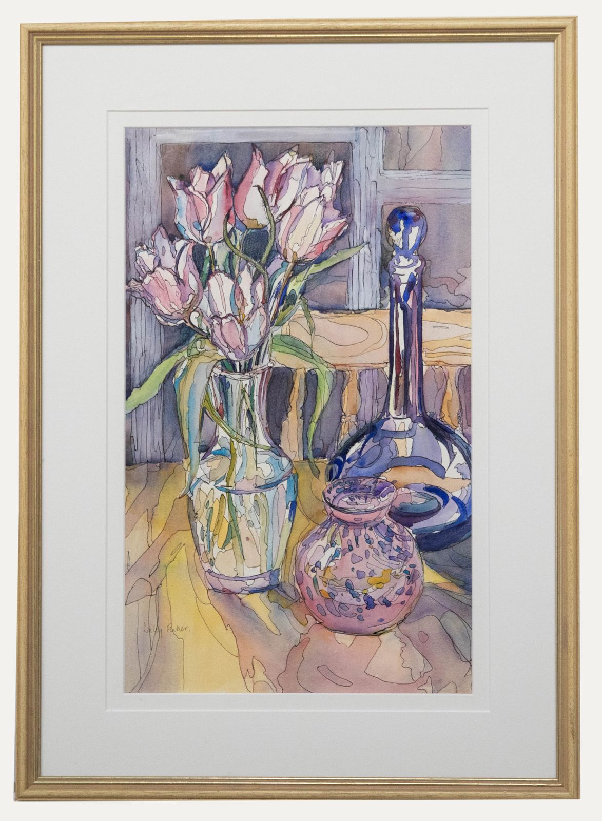 Lesley Fuller  Contemporary Watercolour, Tulips And Blue Vase