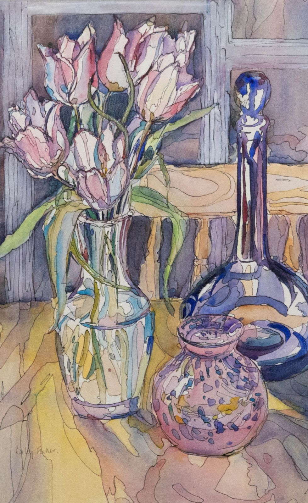 Lesley Fuller  Contemporary Watercolour, Tulips And Blue Vase photo furniture
