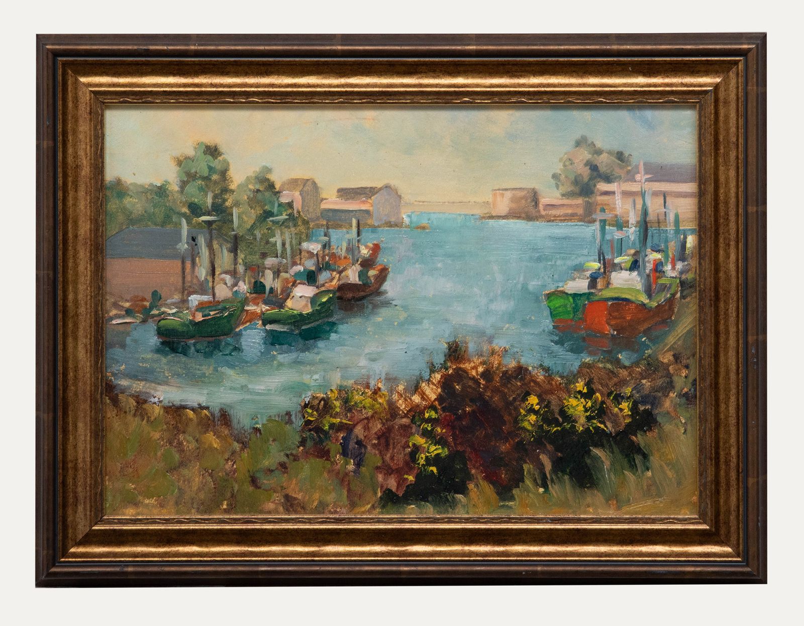 Charles Bernard French Mid 20th Century Oil, Quiet Boat Yard