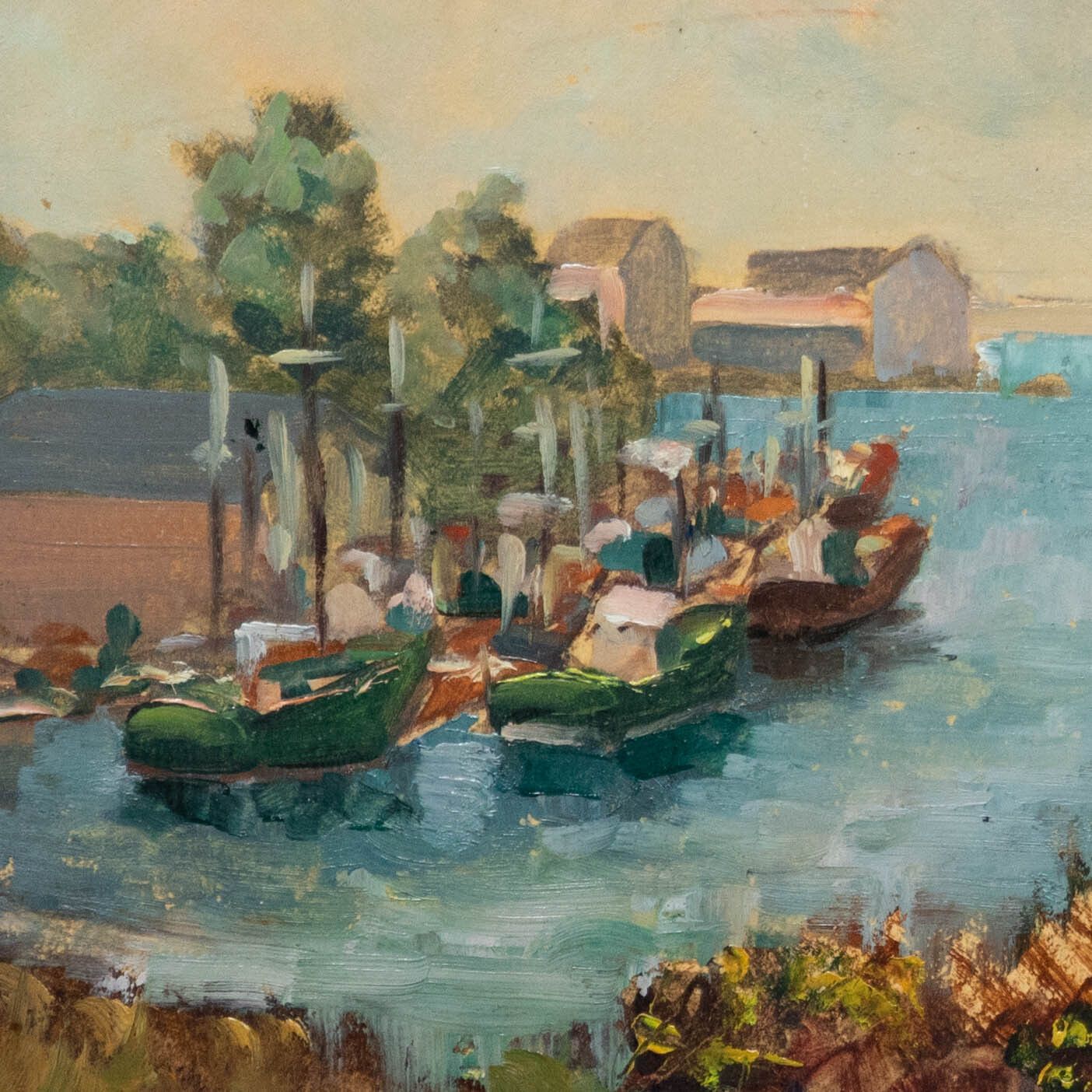 Charles Bernard French Mid 20th Century Oil, Quiet Boat Yard photo Art