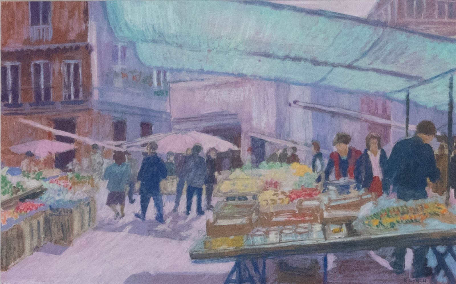 E. Lynch Framed 20th Century Gouache, Market Stalls In France photo furniture