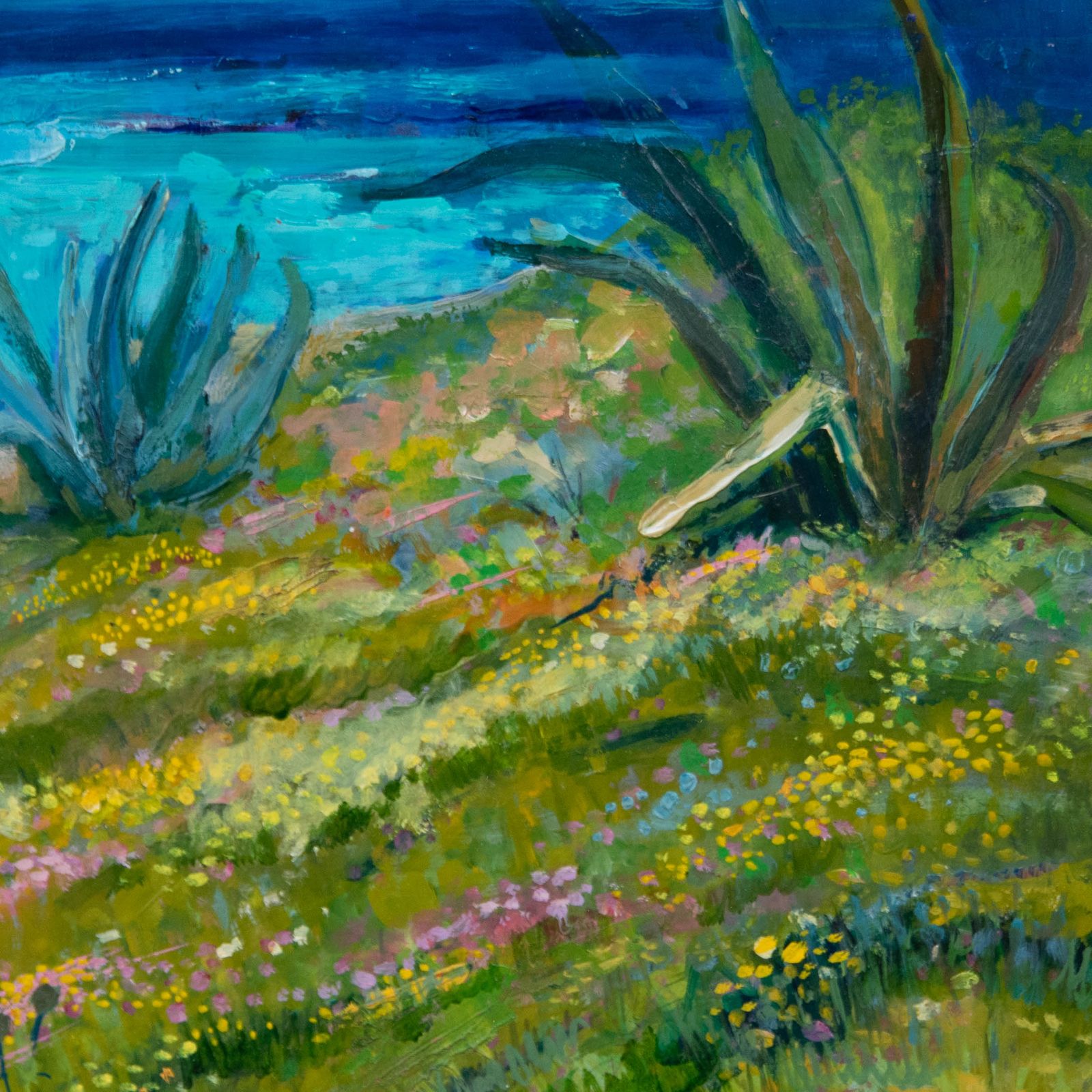 Greta Tomlison (1927 2021) Framed Oil, Coastal View With Aloe Vera Plants photo Art