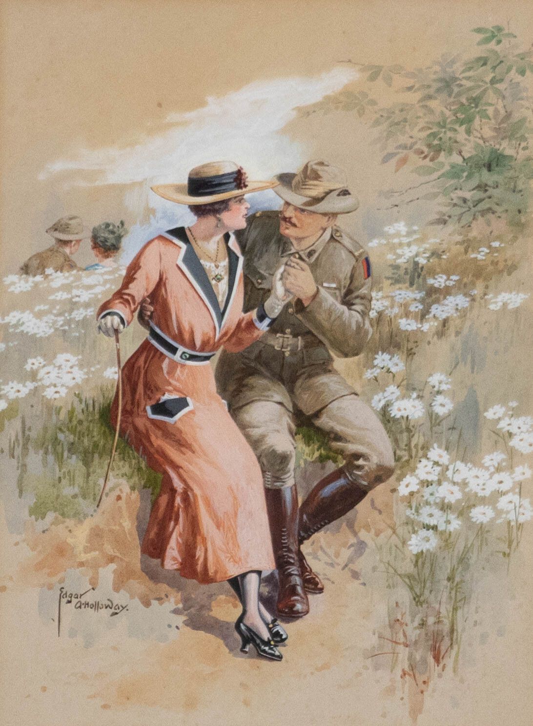 Edgar Alfred Holloway (1870 1941) Watercolour, Courting Couple photo furniture