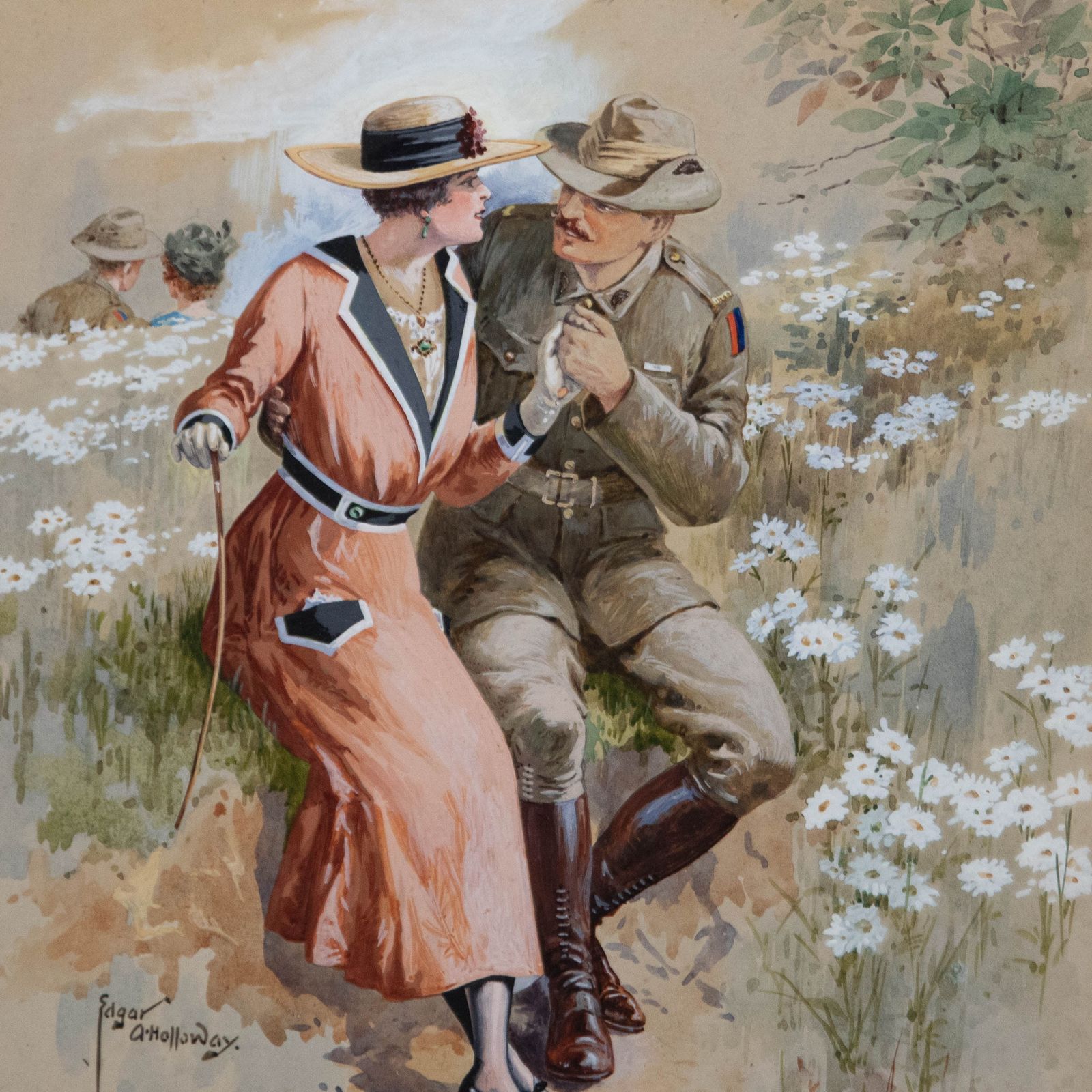 Edgar Alfred Holloway (1870 1941) Watercolour, Courting Couple photo Art