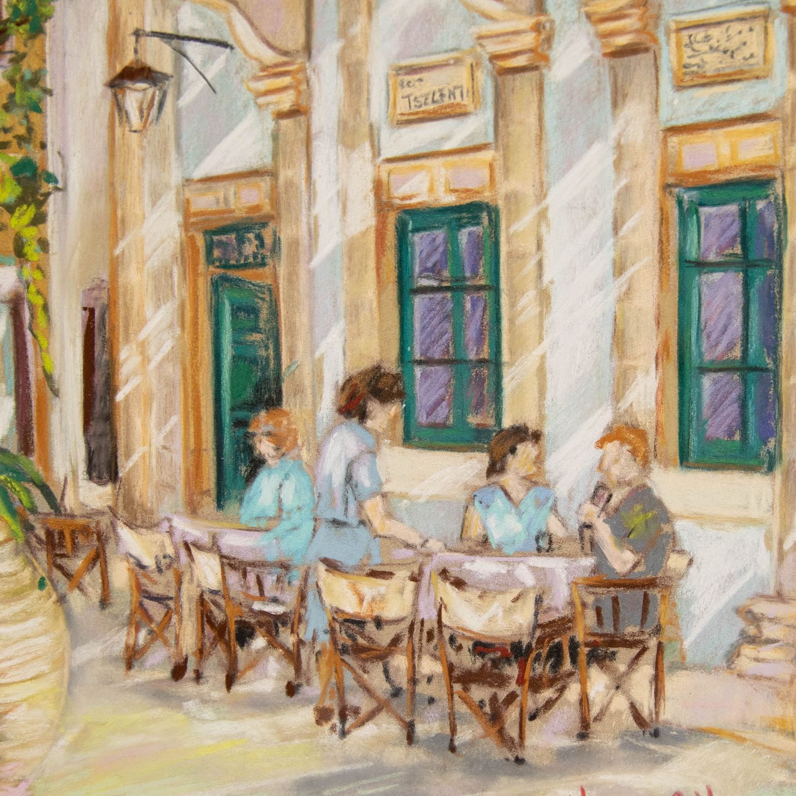 Christopher Stolworthy Framed 20th Century Pastel, Social At The Restaurant photo Art