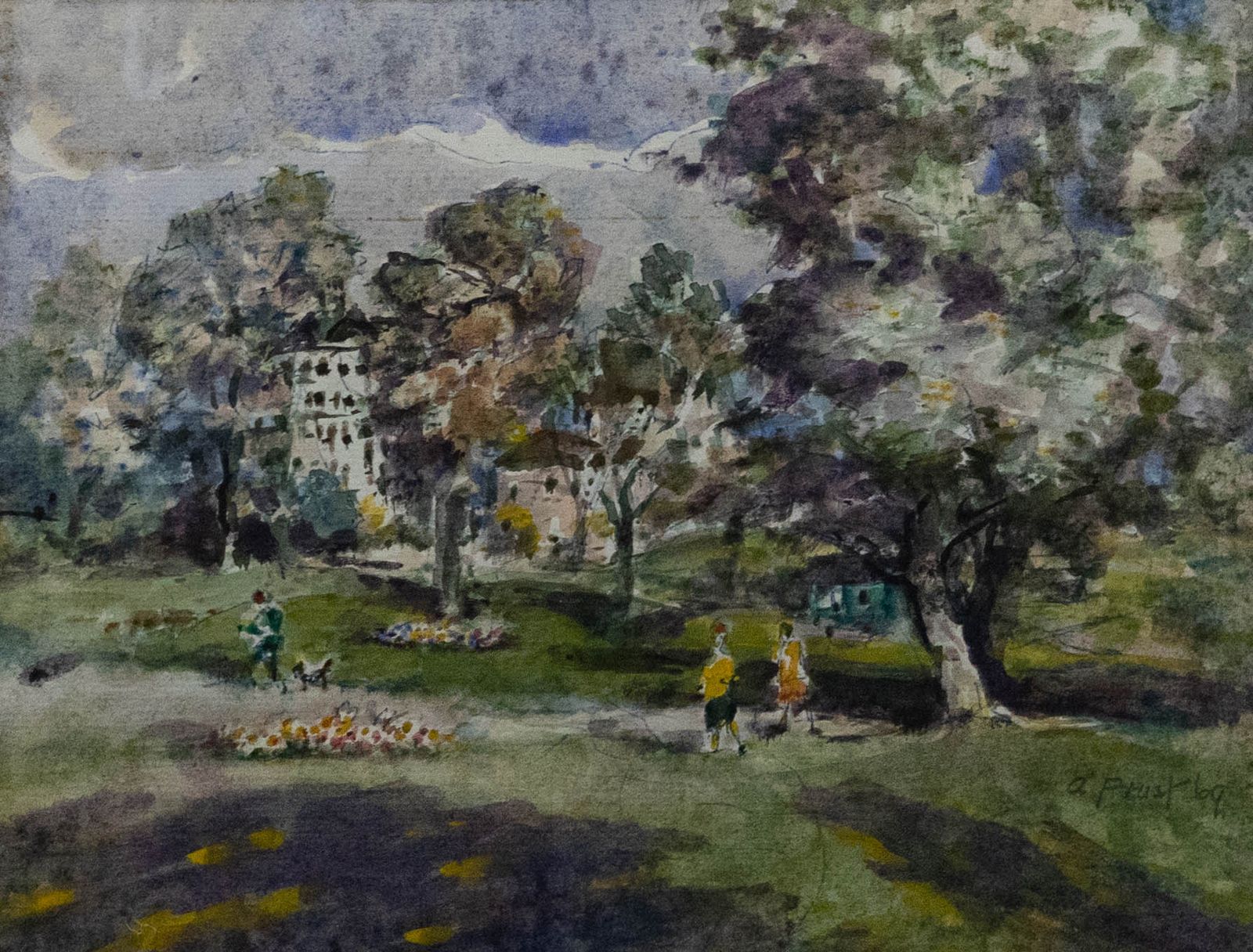 Alfred J. Prust (Exh.1924 1937) 1969 Watercolour, The Park In Summer photo furniture
