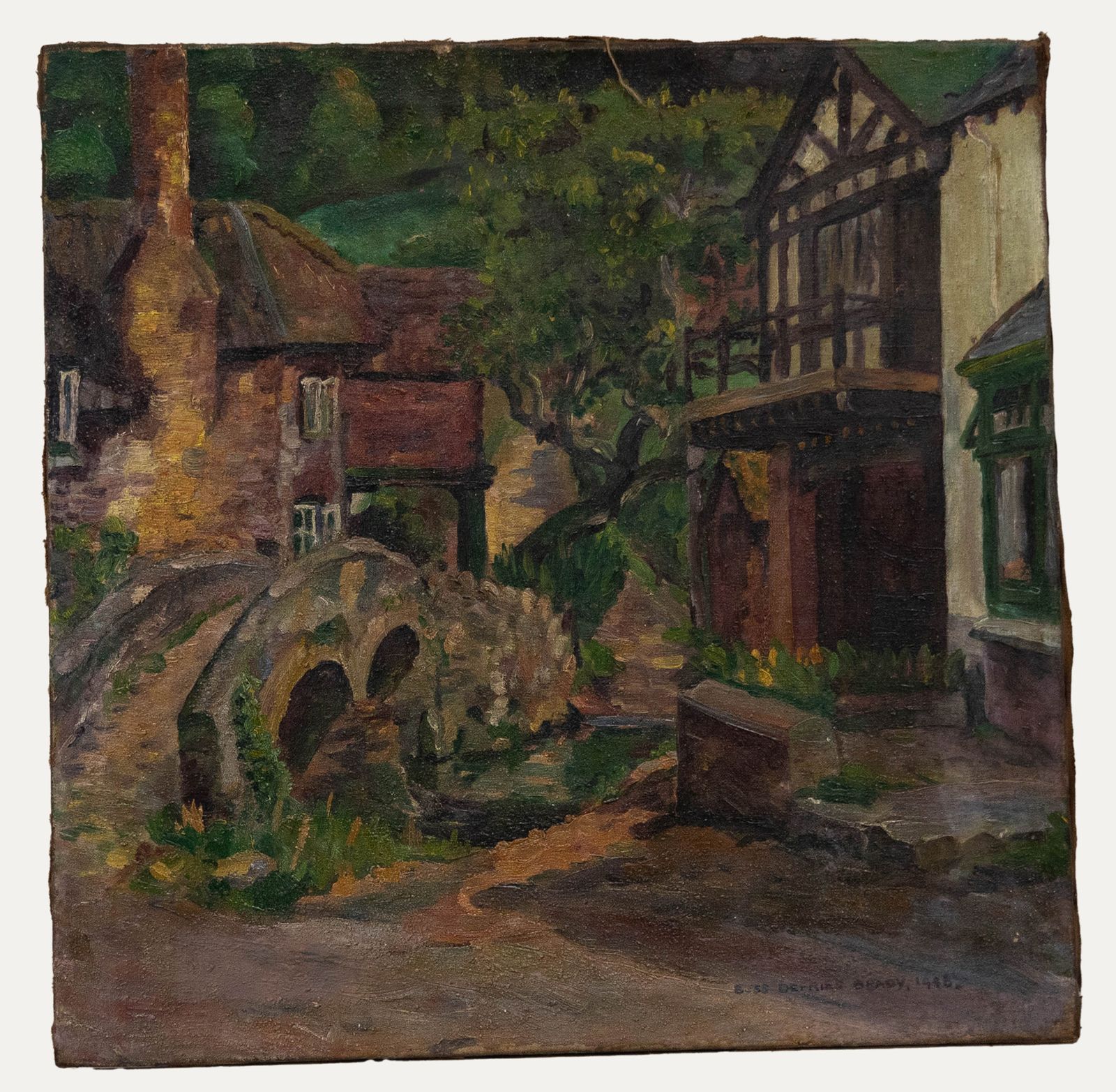 Bess Defries Brady Mid 20th Century Oil, Dwellings By A Stone Bridge photo furniture