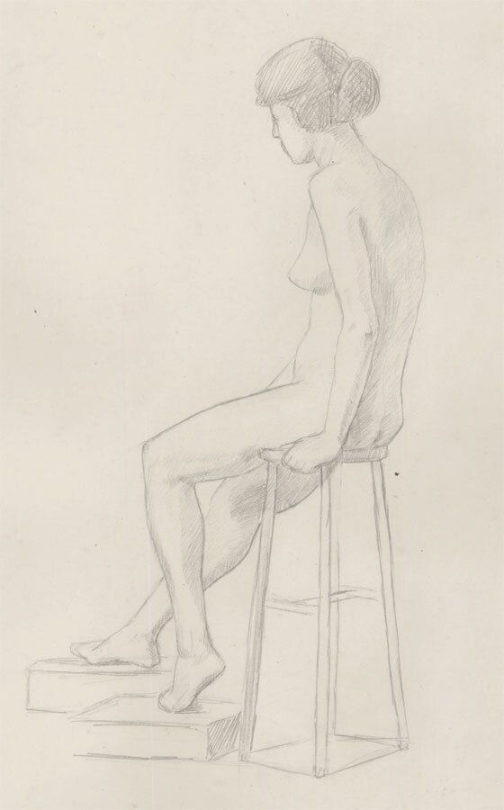 Lorna Bing (1897 1993) 1920 Graphite Drawing, Female Nude On A Wooden Stool
