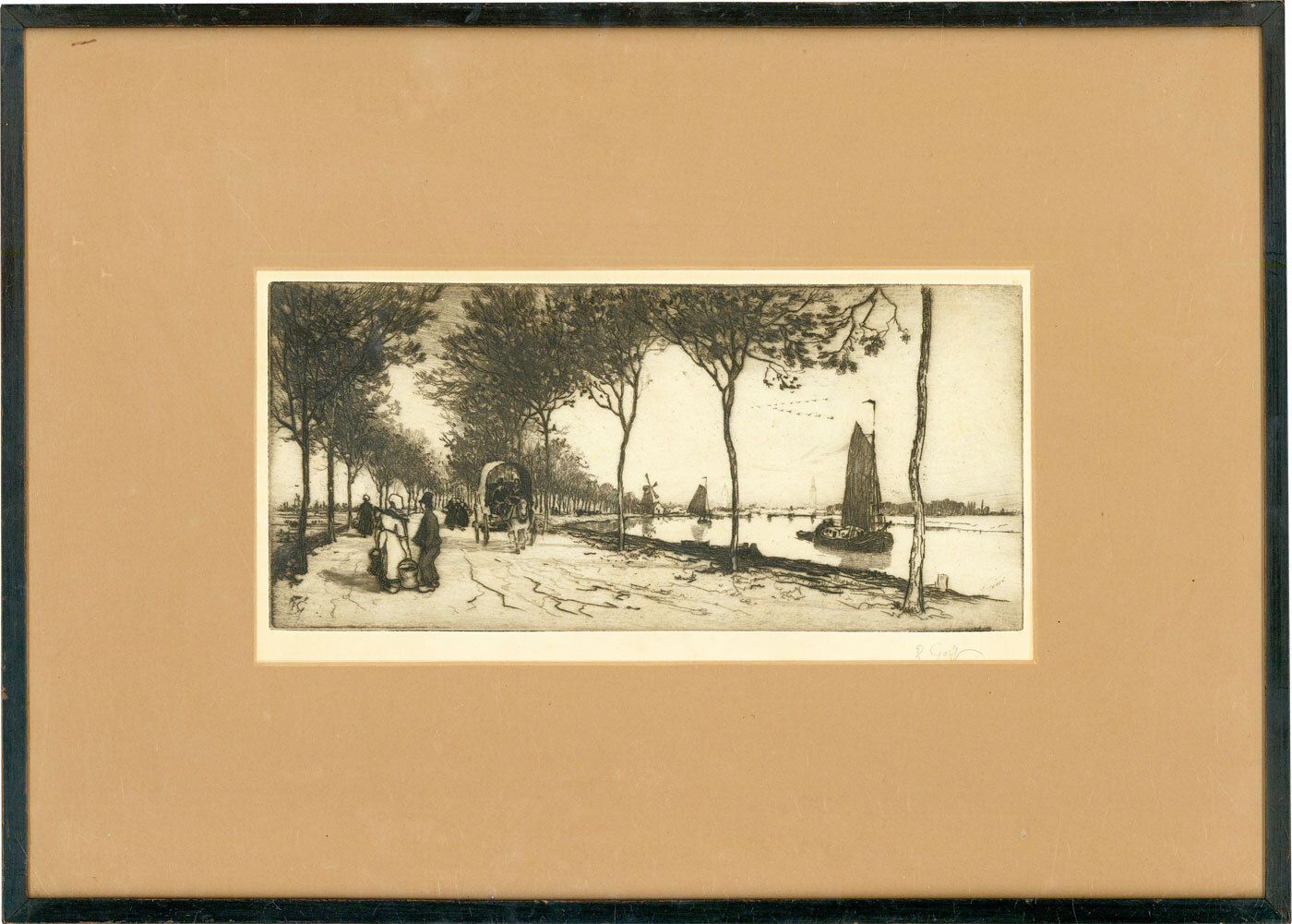 Robert Charles Goff (1837 1922) Framed Etching, Boats On A Dutch River