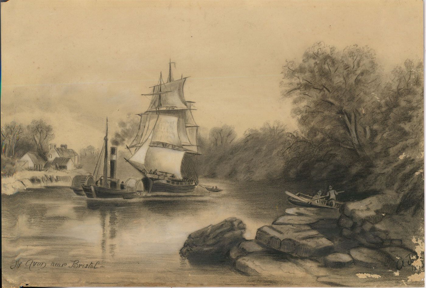 Late 19th Century Chalk & Charcoal Drawing The Avon Near Bristol photo for sale