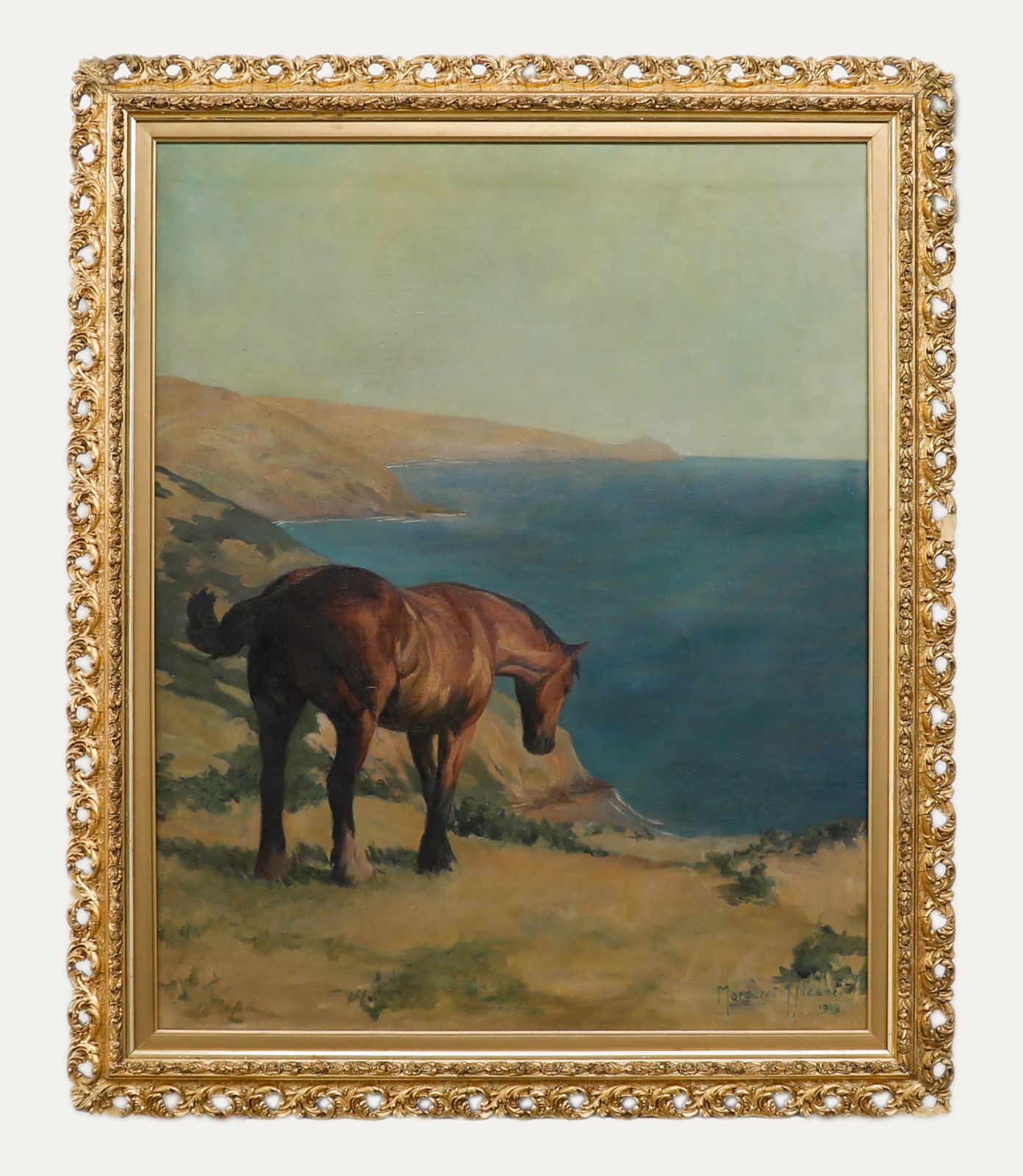 Margaret Neame Framed Early 20th Century Oil, Brown Cob On A Coastal Cliff Top