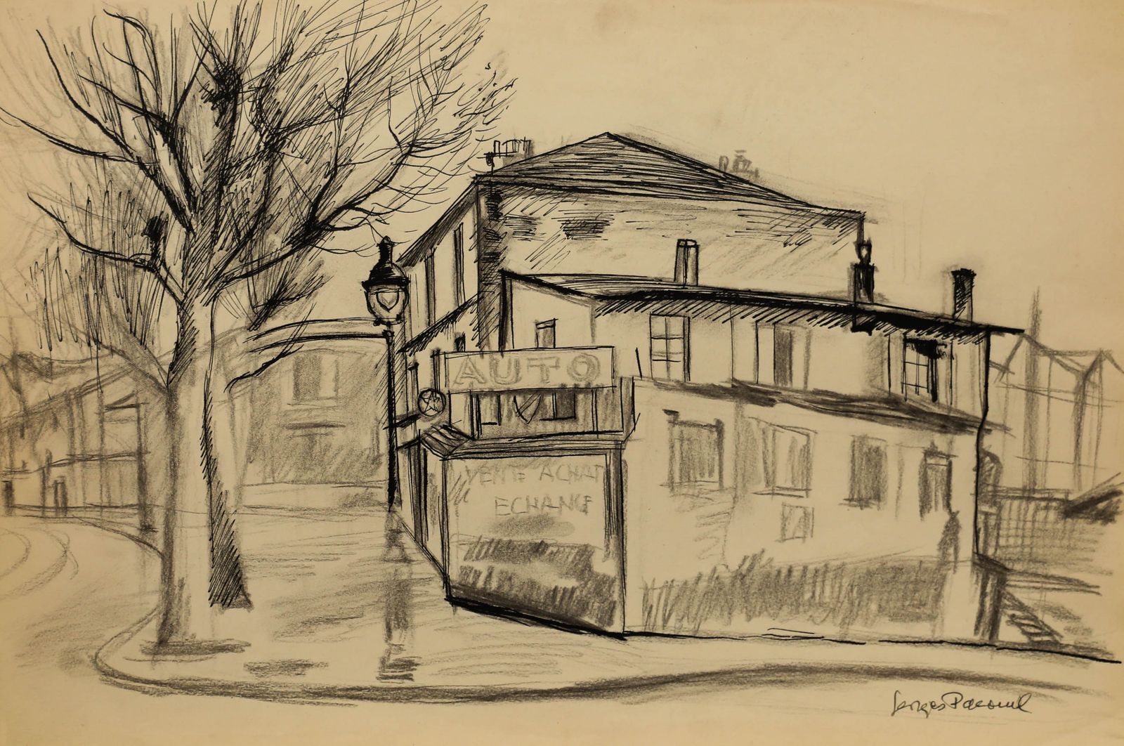 Georges Pacouil (1903 1996) Mid 20th Century India Ink, The Car Dealership II