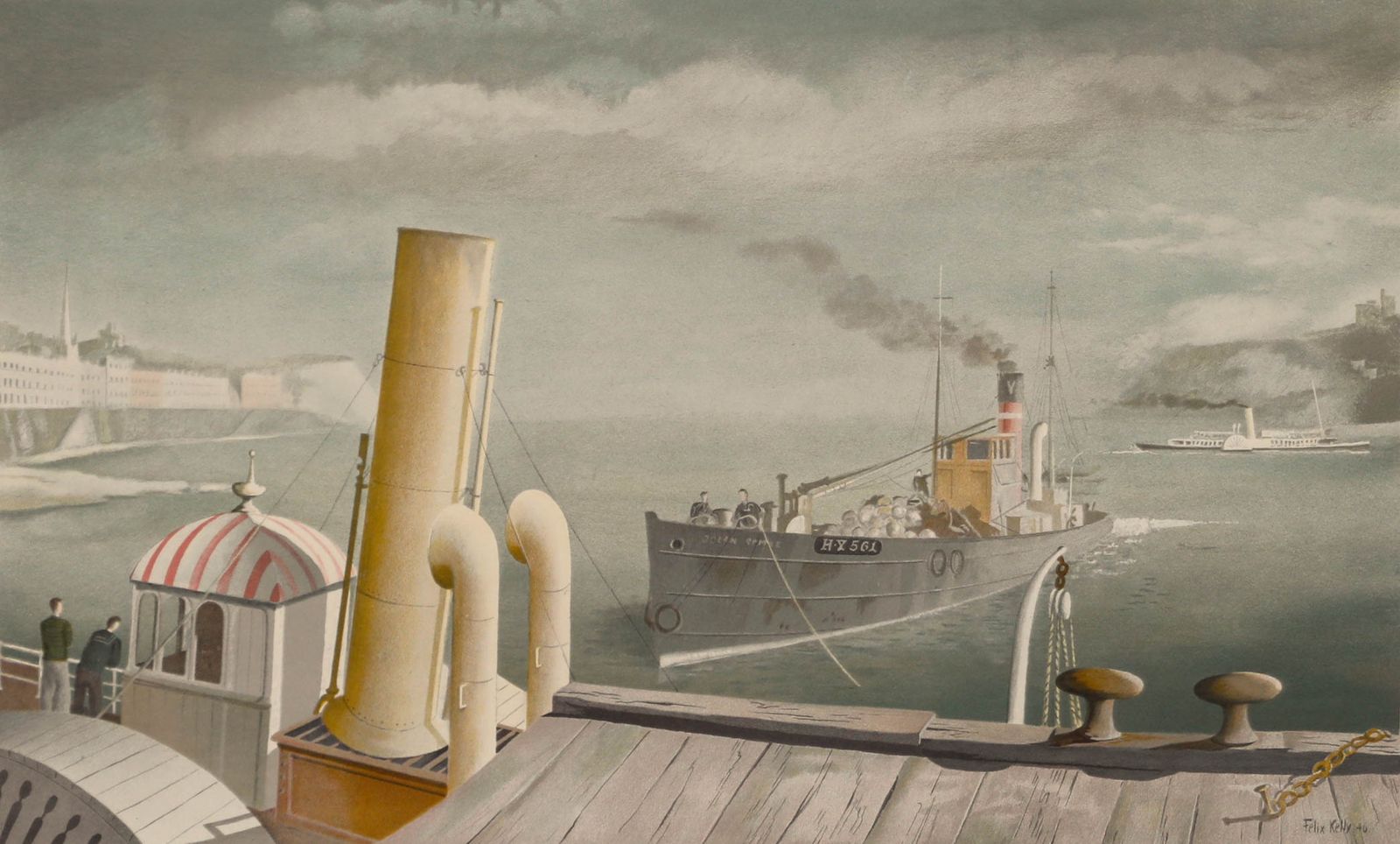 Felix Kelly (1914 1994) 1940s Lithograph, Drifter And Paddle Steamers photo furniture