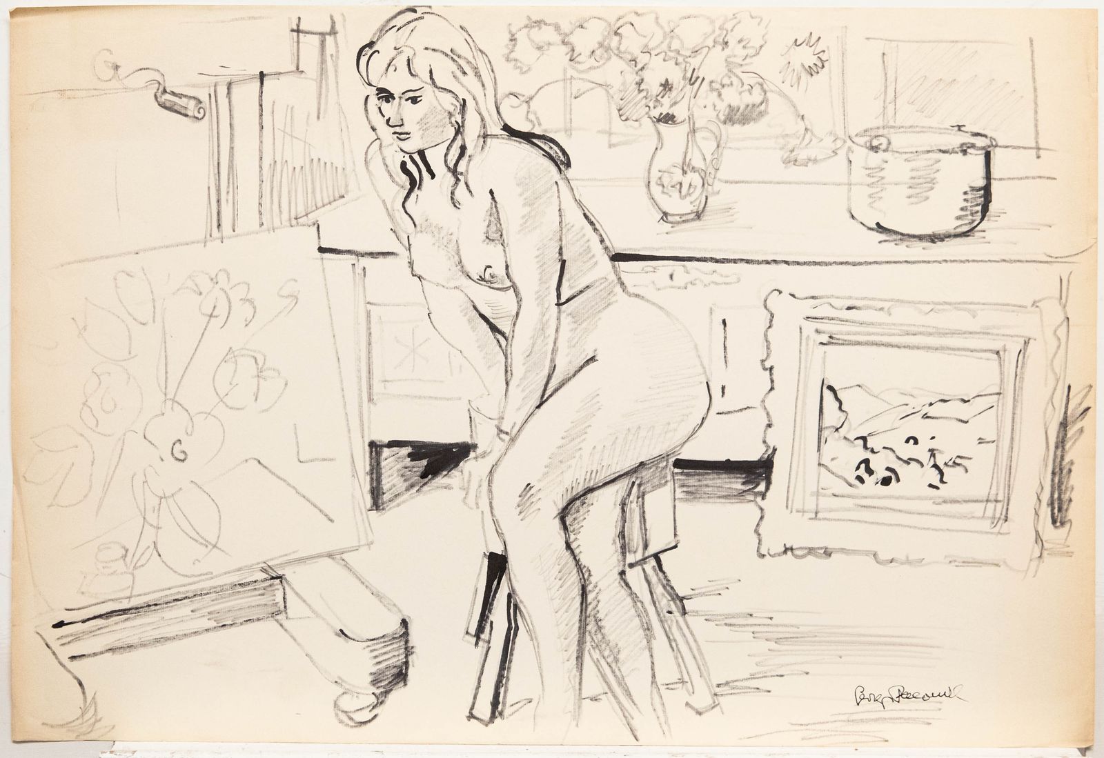 Georges Pacouil (1903 1996) Pen And Ink Drawing, Nude And Flowers photo furniture