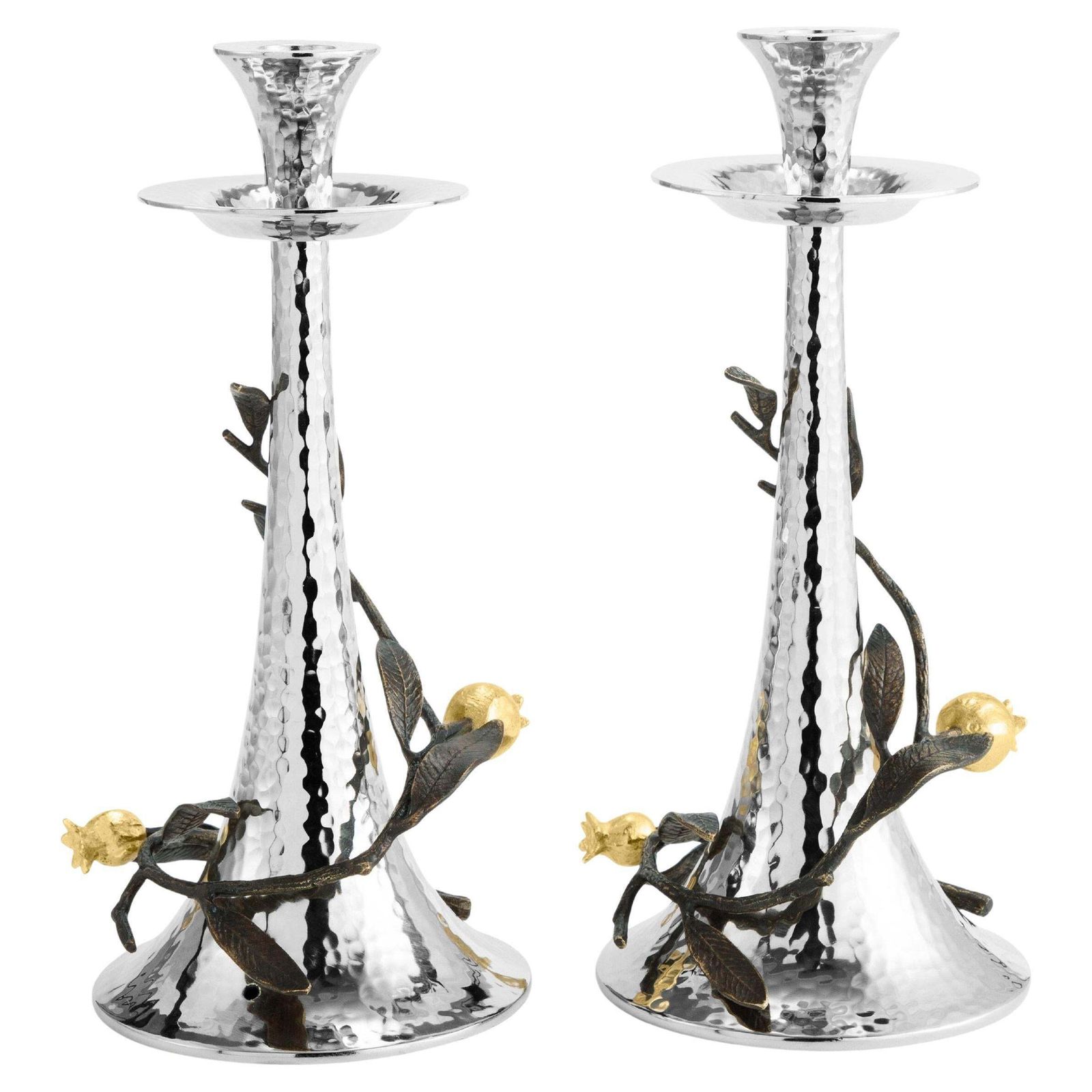 Candleholders With Pomegranate Decorations, Silver, Oxidised And Gilded Metal.