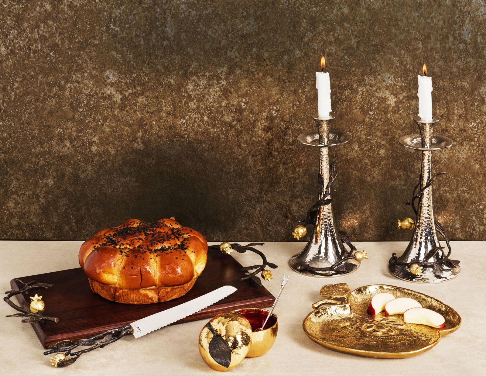 Candleholders With Pomegranate Decorations, Silver, Oxidised And Gilded Metal. photo Home Decor