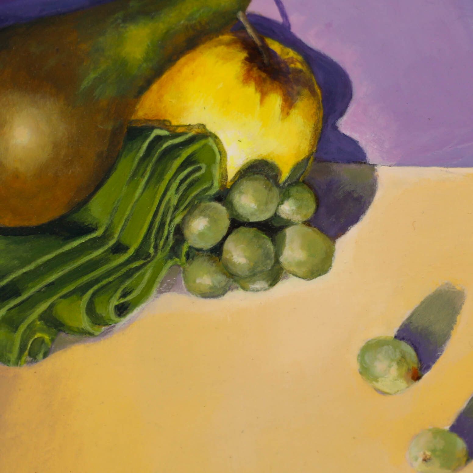 June Bevan (B.1927) 20th Century Acrylic, Pear, Golden Delicious & Grapes photo Art