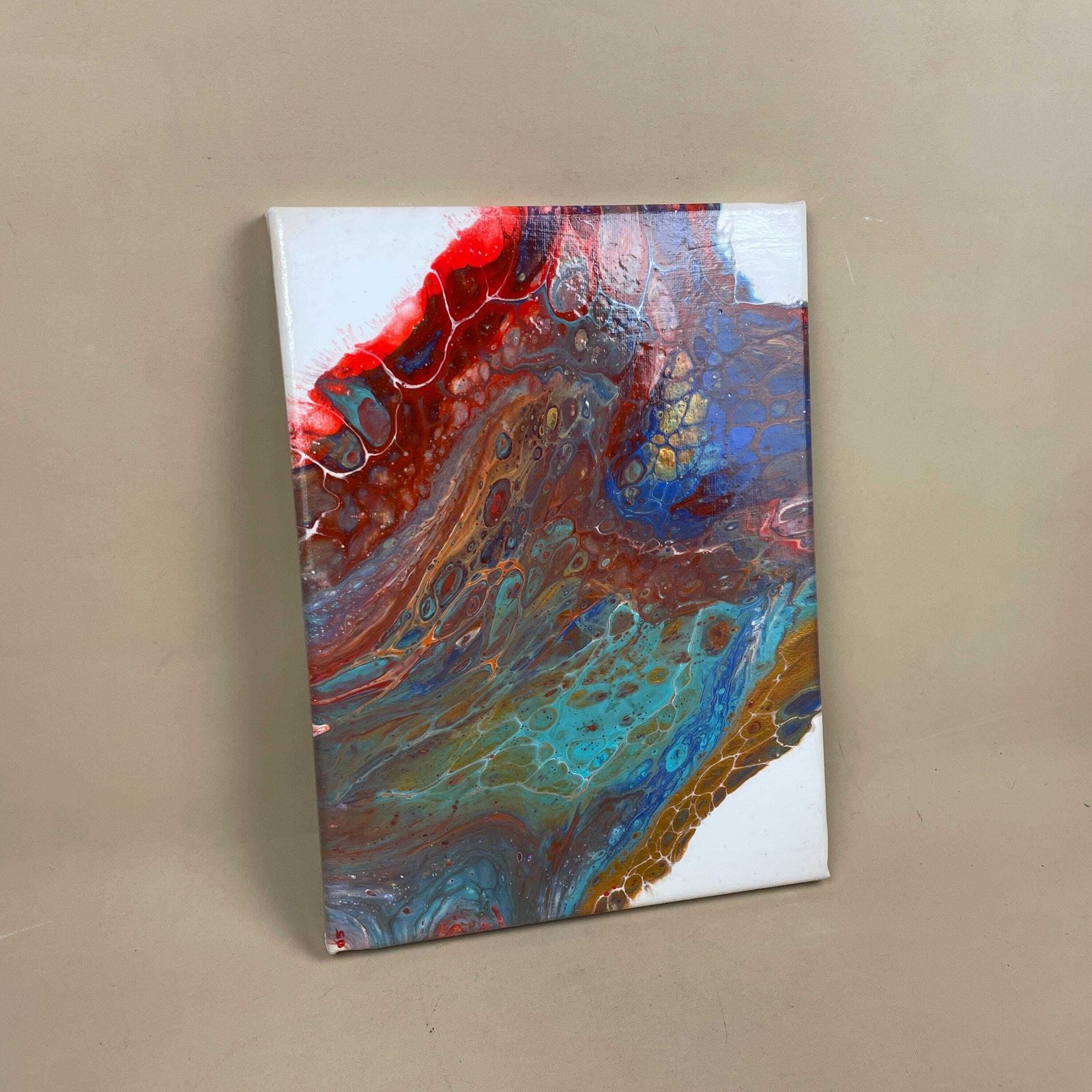 Vintage Marbled Painting Picture Original Artwork On Canvas Marble Pattern Wood Frame Painted Art Rectangle 31x22.7cm Wall Hanging Marbling photo for sale