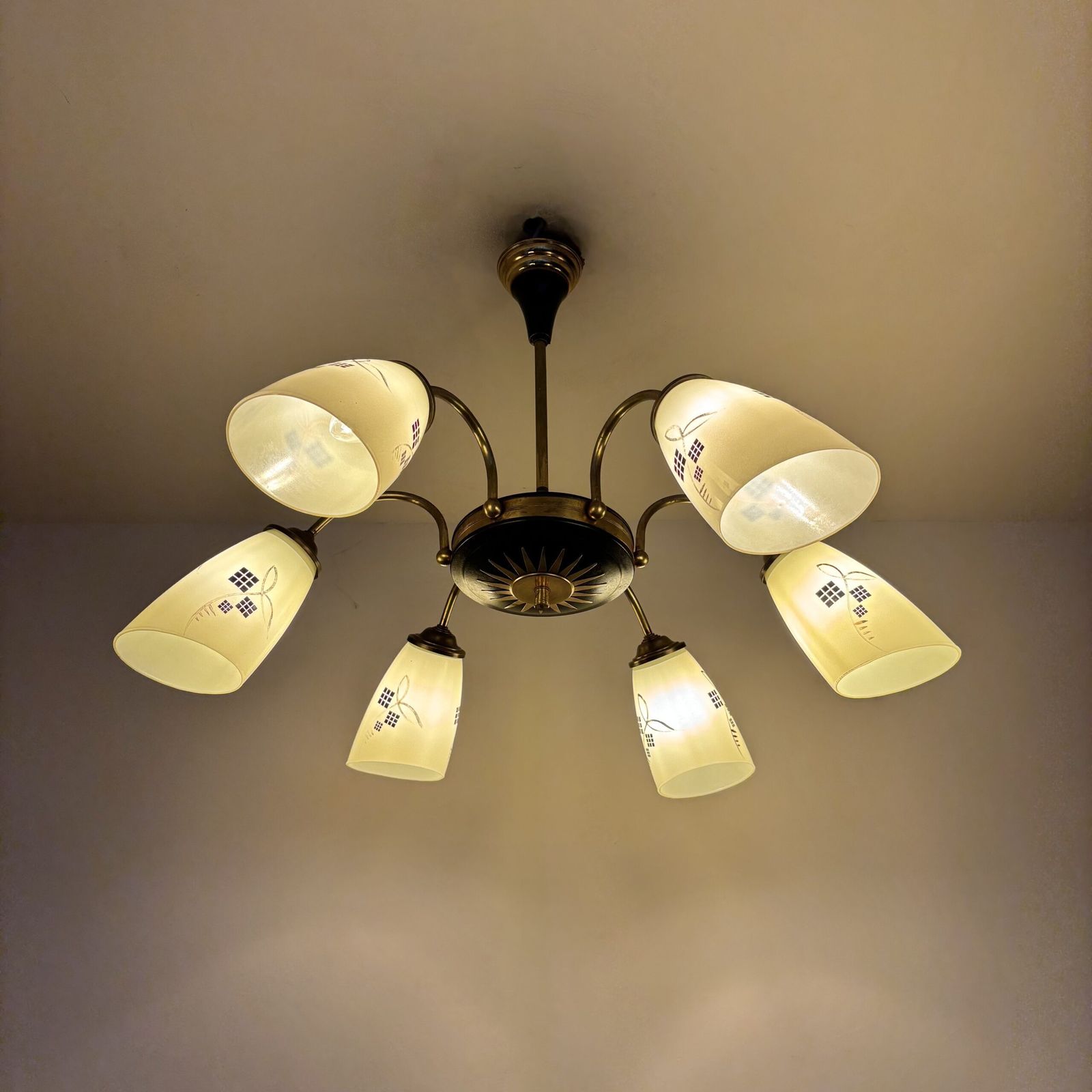 photo for sale Mid Century Brass And Black Chandelier With Decorative Yellow Glass Shades