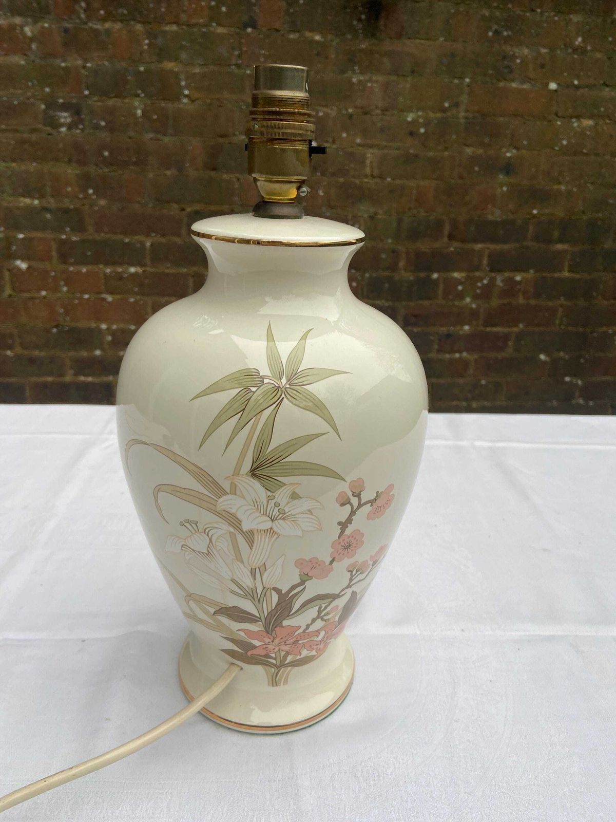 Vintage St Michael’s M&S Ceramic Table Lamp   Cream With Painted Leaves And Flowers   Working photo for sale
