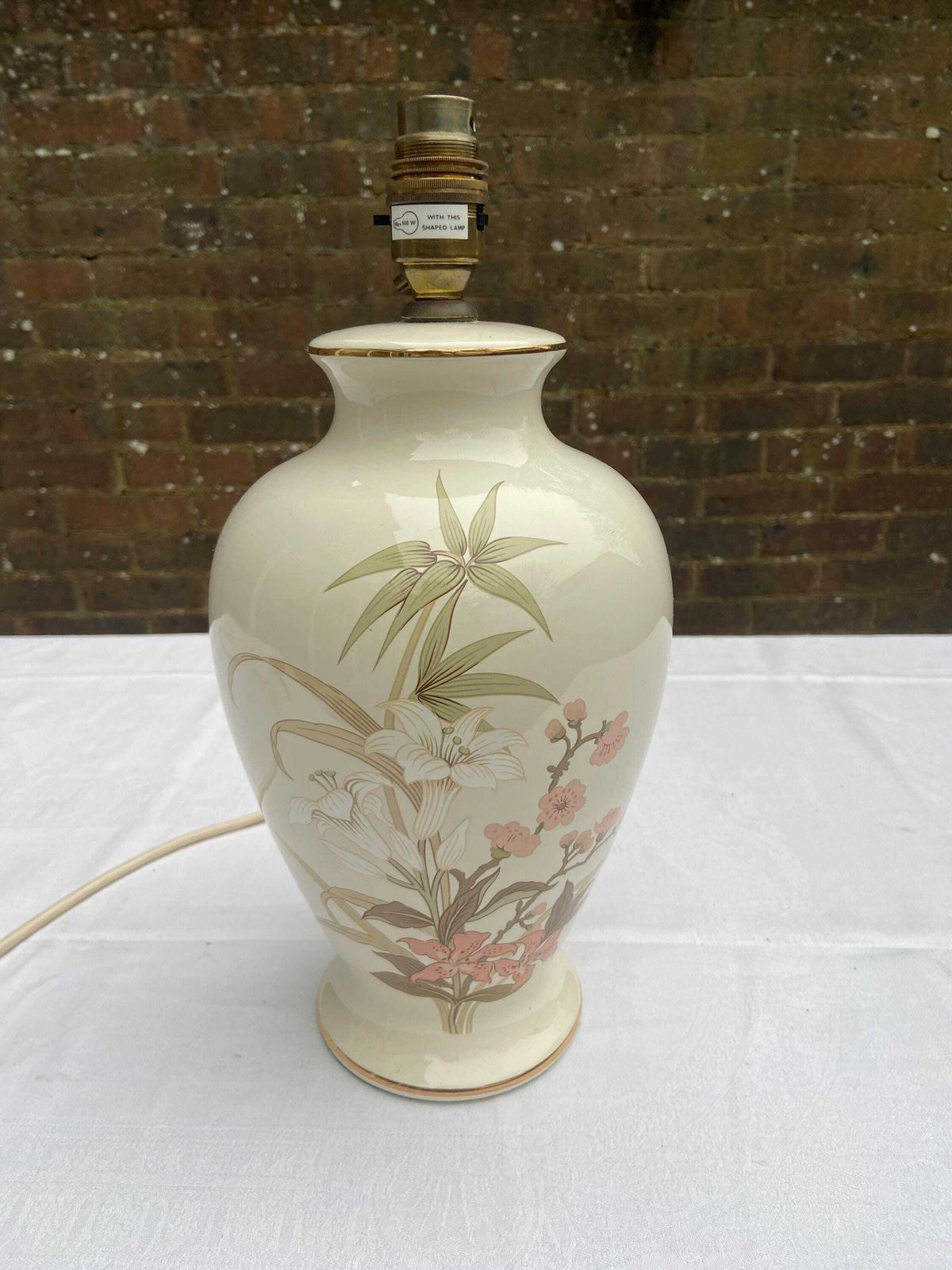 Vintage St Michael’s M&S Ceramic Table Lamp   Cream With Painted Leaves And Flowers   Working photo 64.0