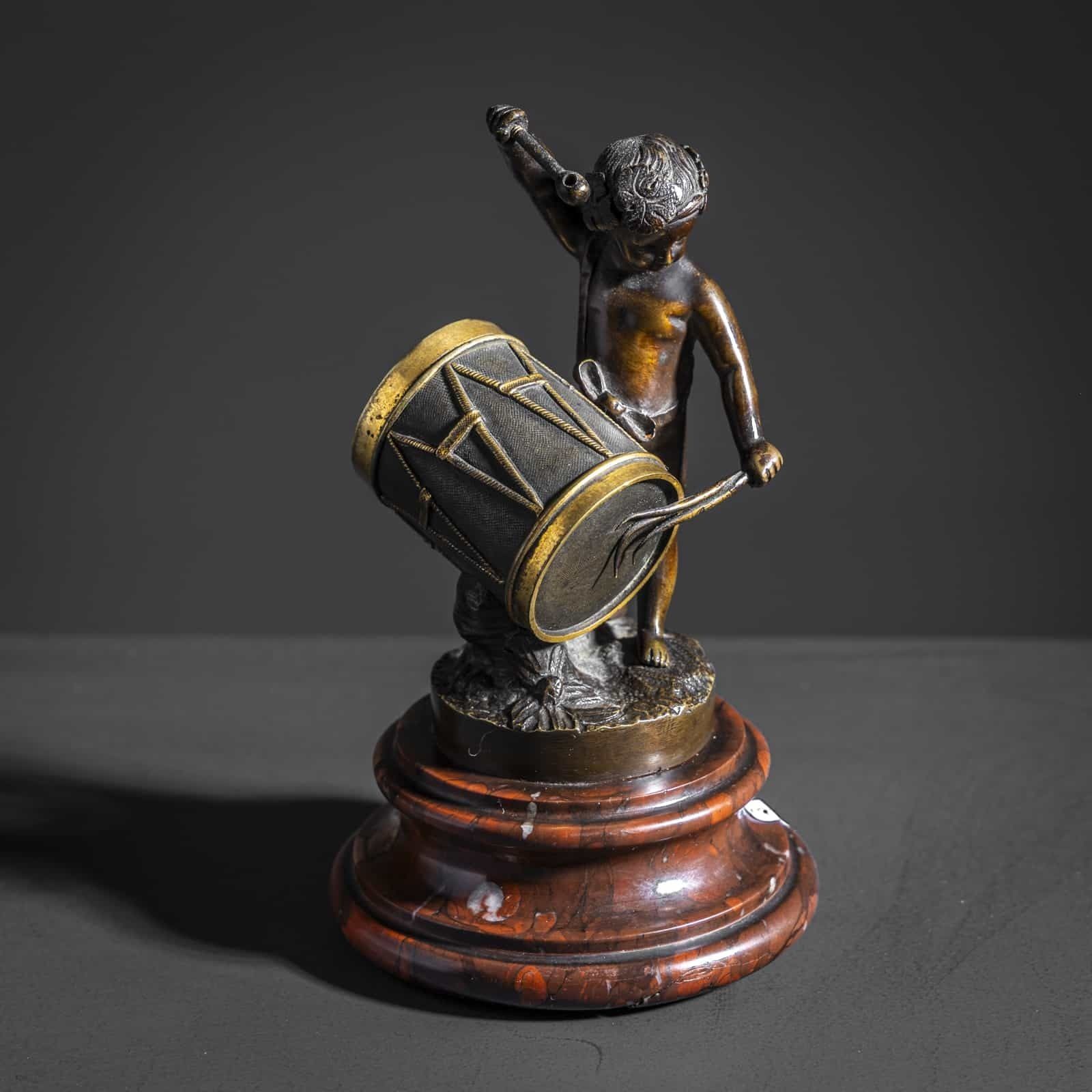 Small Bronze Sculpture Of A Drumming Child, Late 19th Century photo vintage