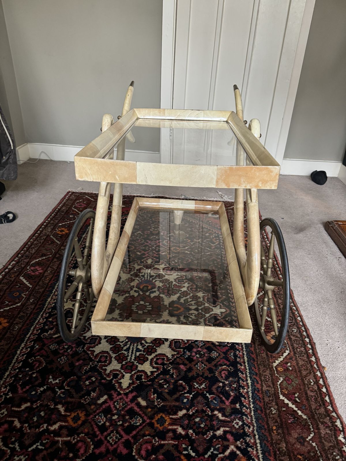 1950s Aldo Tura Italian Goatskin And Brass Swan Service Cart photo 1000.0