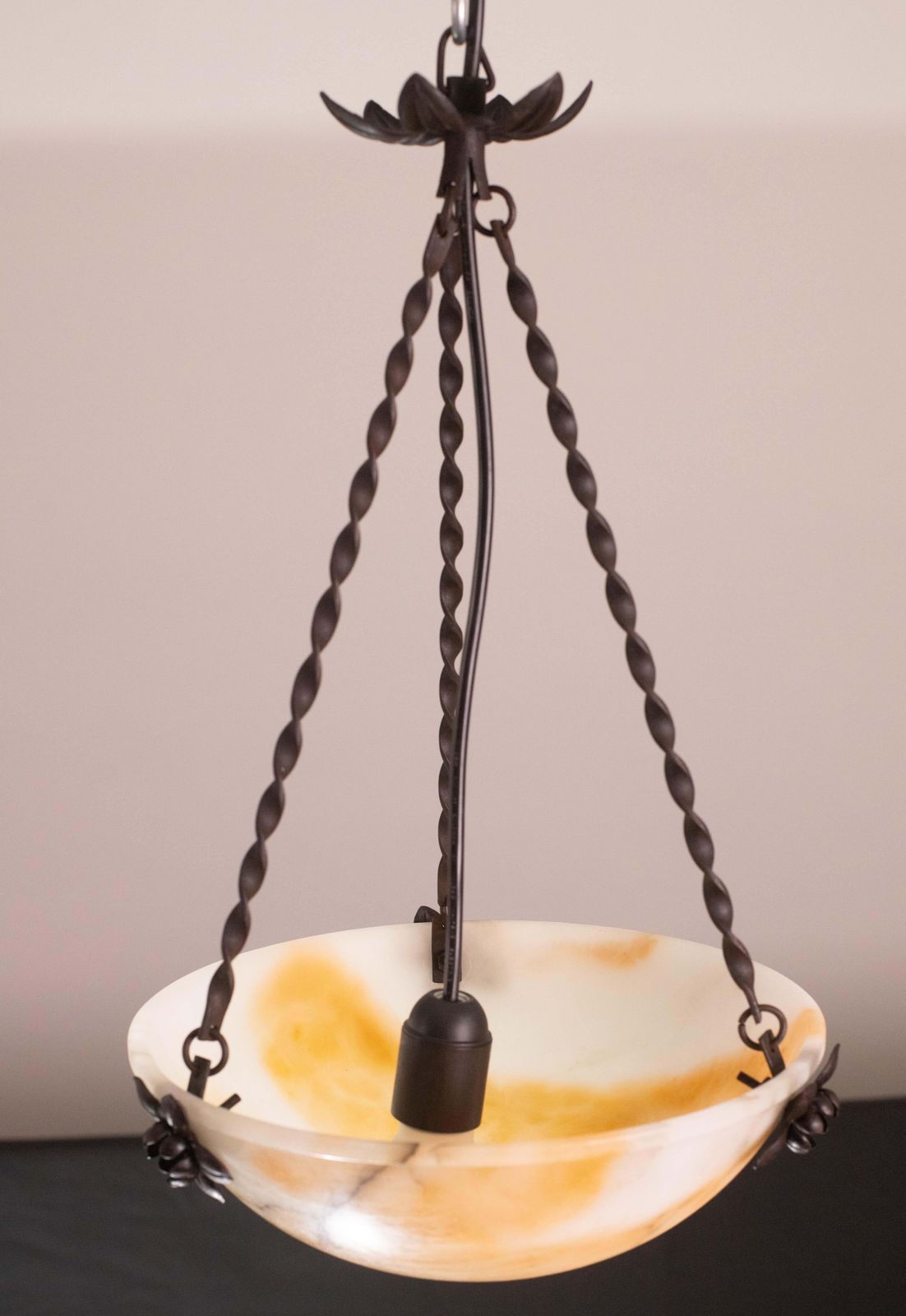 photo buy Great Design Art Decò Orange And White Alabaster Chandelier, 1950