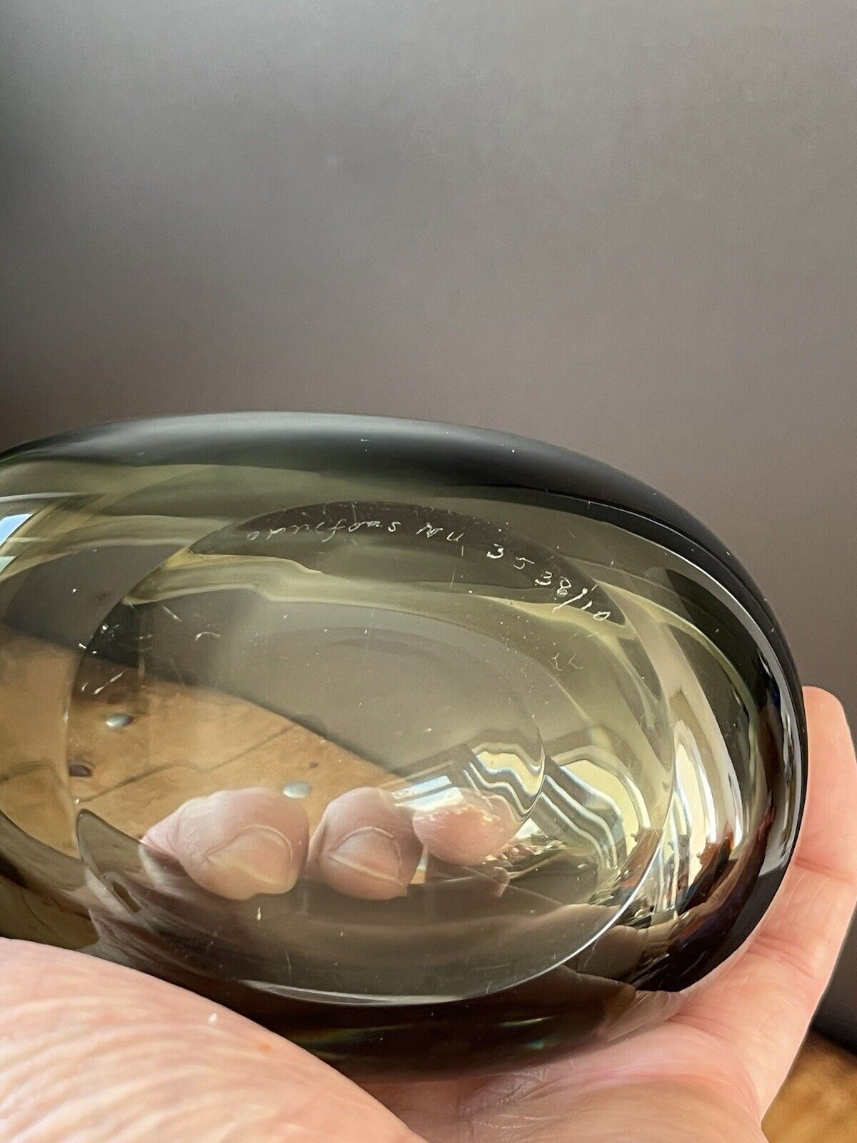 photo buy Signed 1950's Swedish Orrefors Nils Landberg Smoke Grey Glass Scandi Geode Bowl