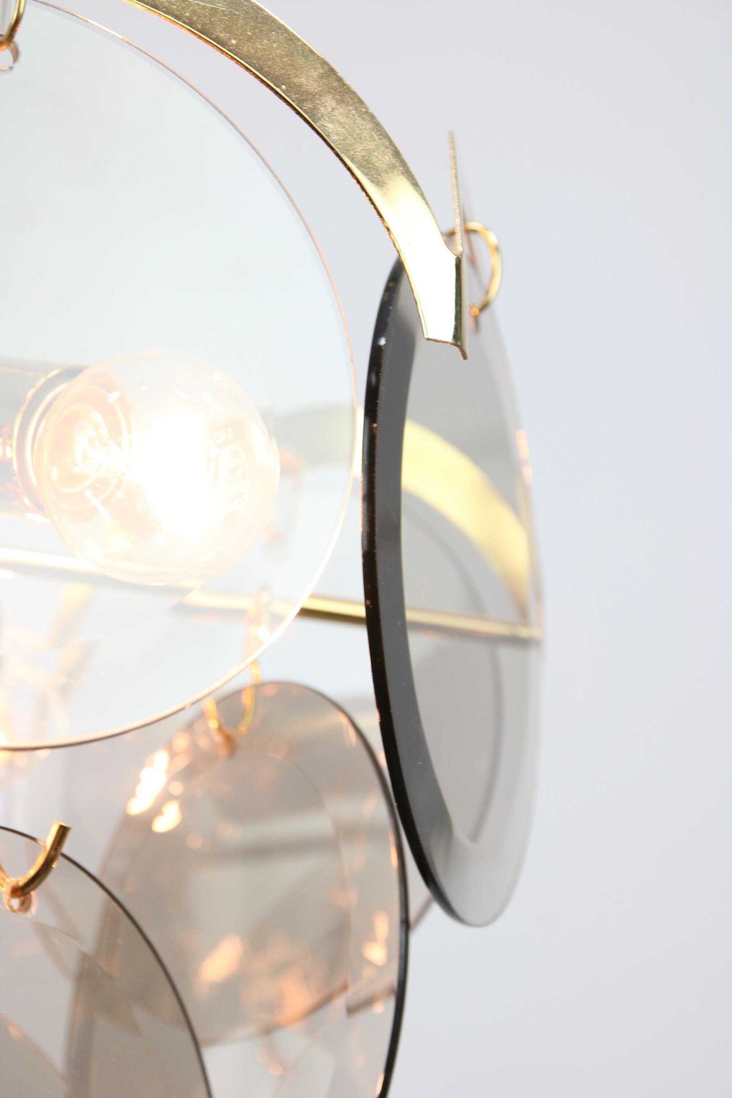 photo for sale Vintage Vistosi Chandelier / Gold Metal Base With 12 Smoked Glass Discs / Italy 1970s / Mid Century Modern Pendant Lamp / Designer Lighting