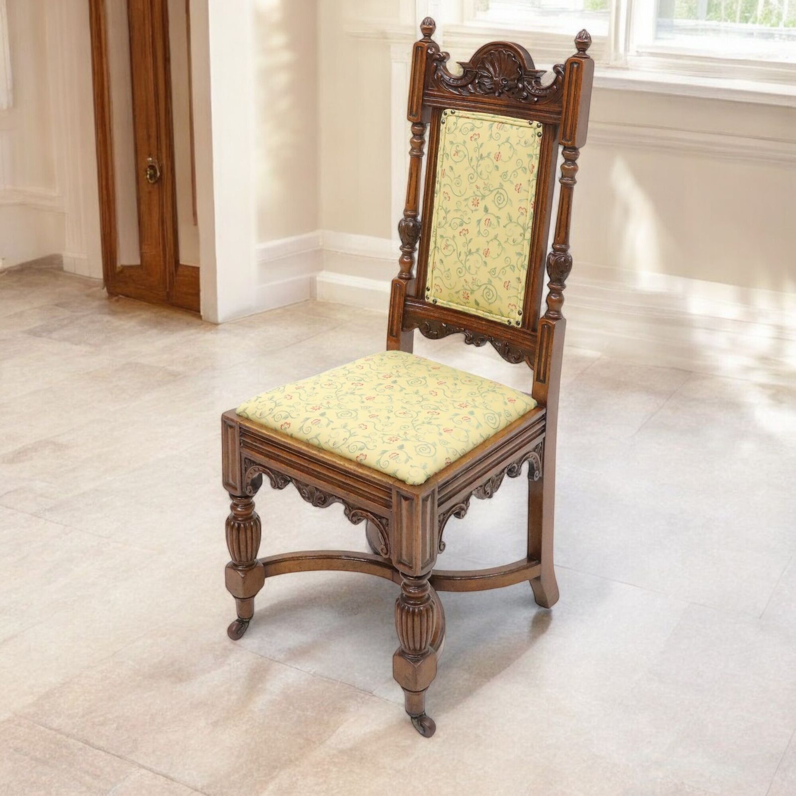 Antique Carved Hall Chair With Upholstered Seat And Back Free Delivery