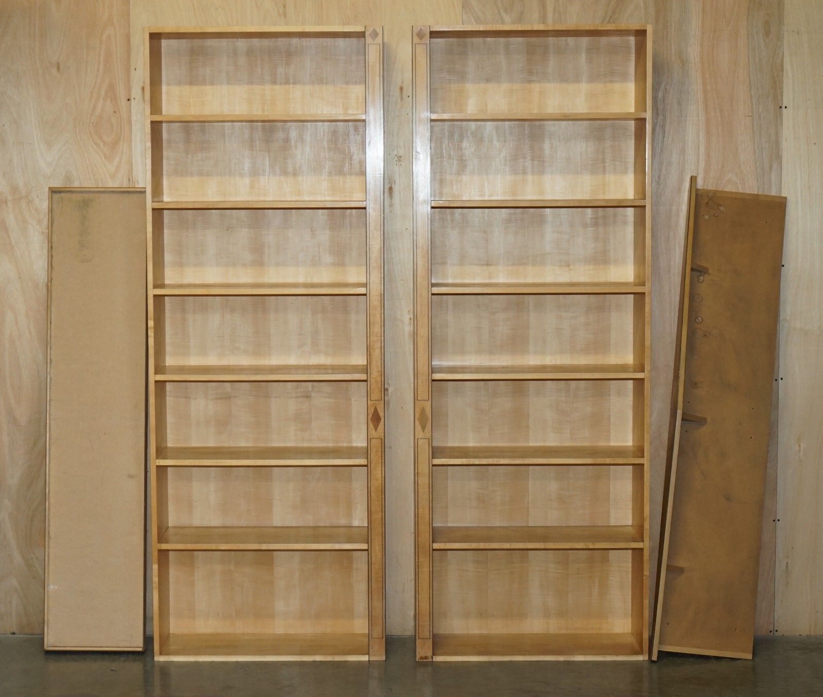 photo buy Pair Of Huge 2.5 Meter Tall Satin Birch & Walnut Steeple Top Library Bookcases