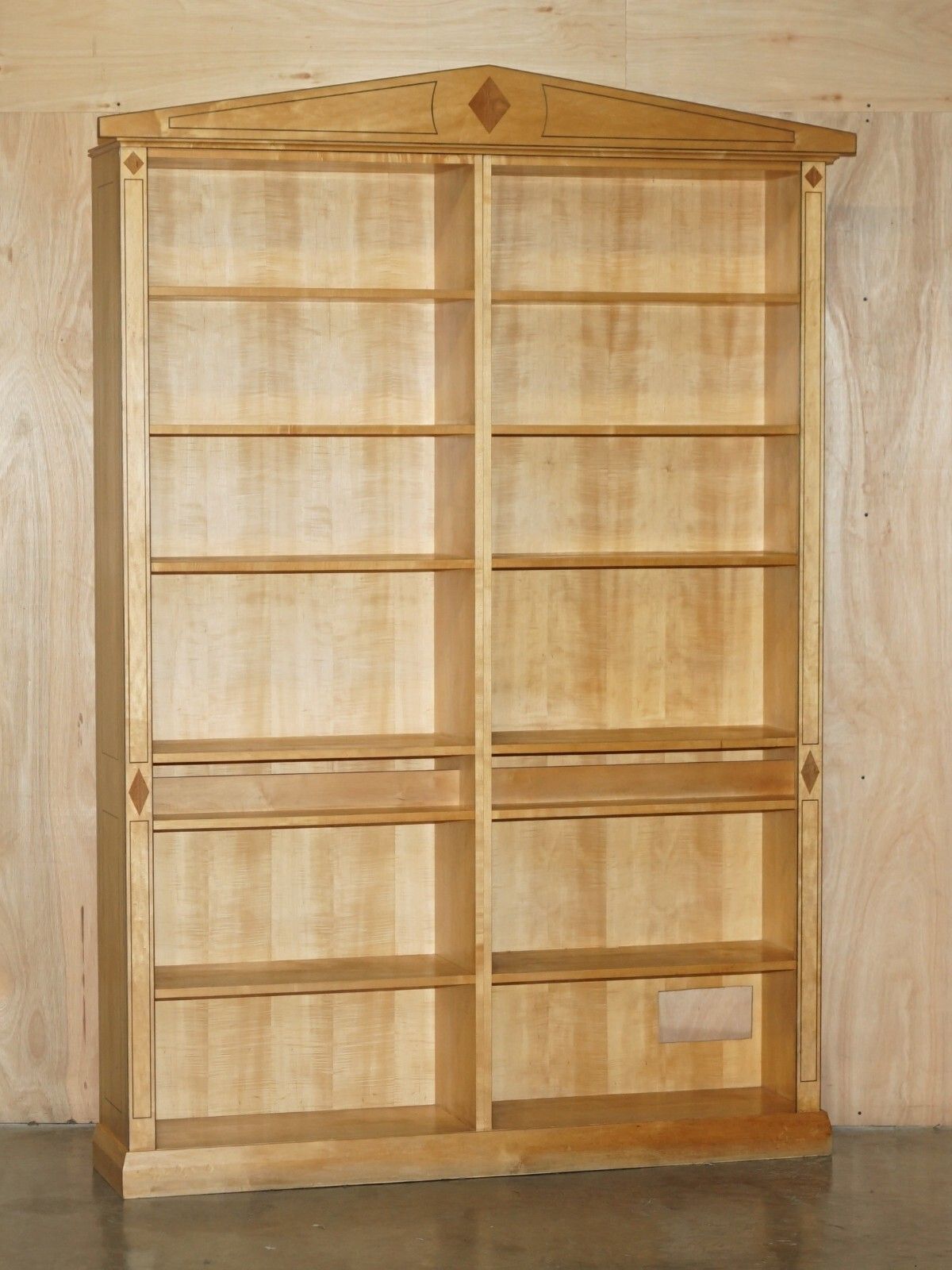 photo vintage Pair Of Huge 2.5 Meter Tall Satin Birch & Walnut Steeple Top Library Bookcases