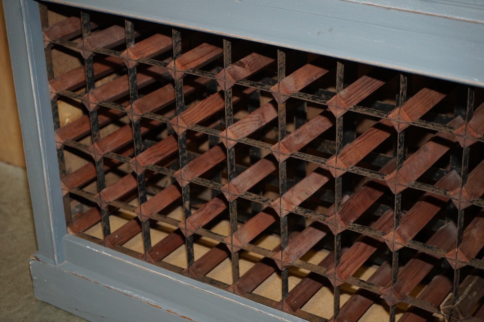 Large Vintage Reclaimed Wood 45 Bottle Wine Champagne Rack Sideboard With Drawer photo vinterior